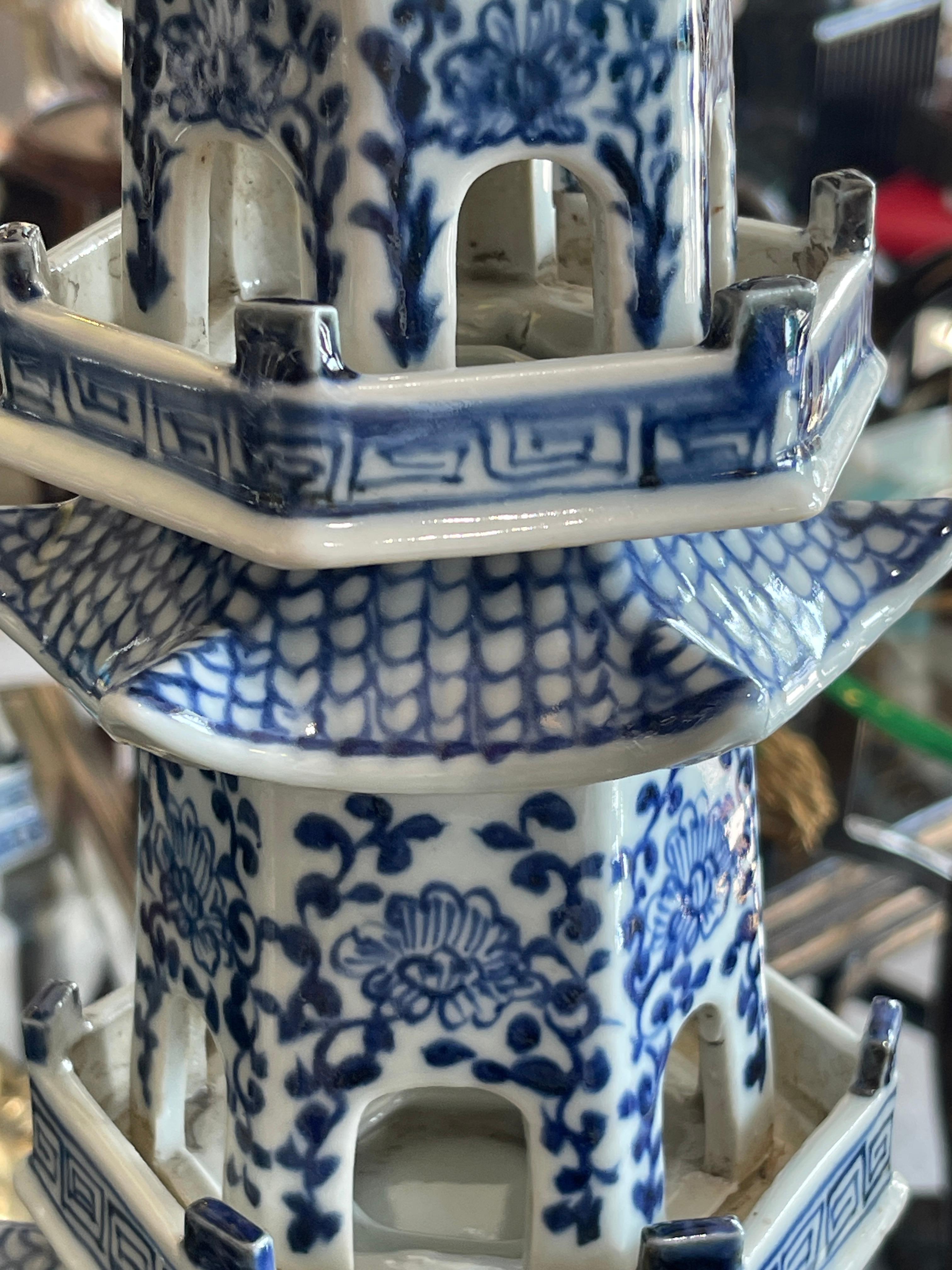 Pair of Tall Chinese Blue & White Porcelain Pagoda 9