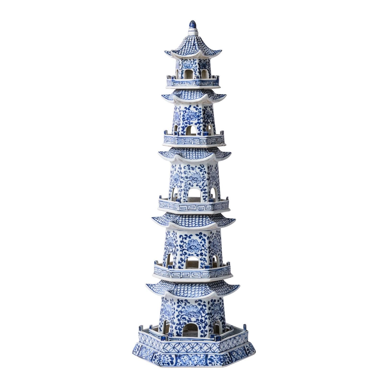 Chinese Export Pair of Tall Chinese Blue & White Porcelain Pagoda