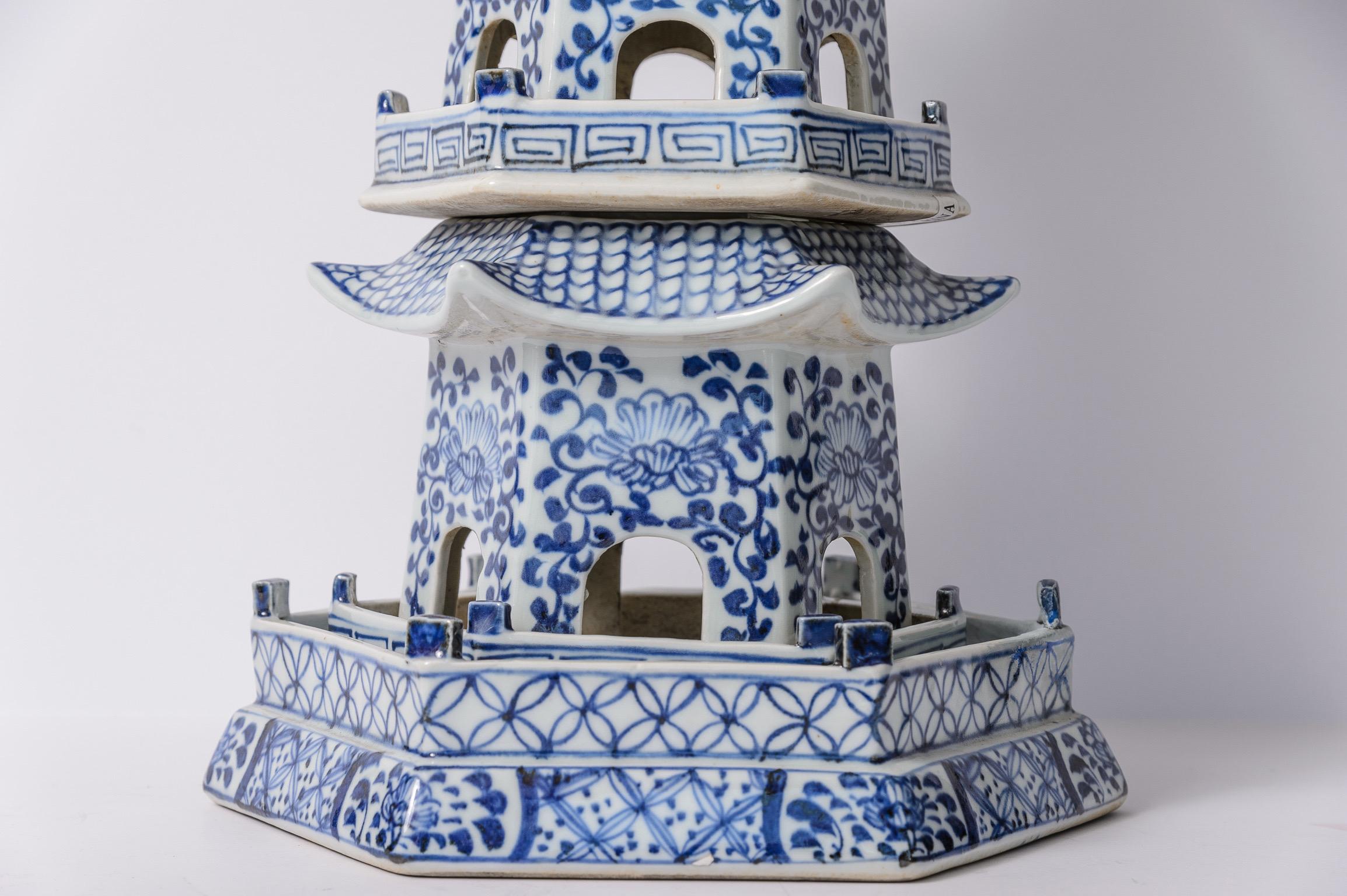 Late 20th Century Pair of Tall Chinese Blue & White Porcelain Pagoda