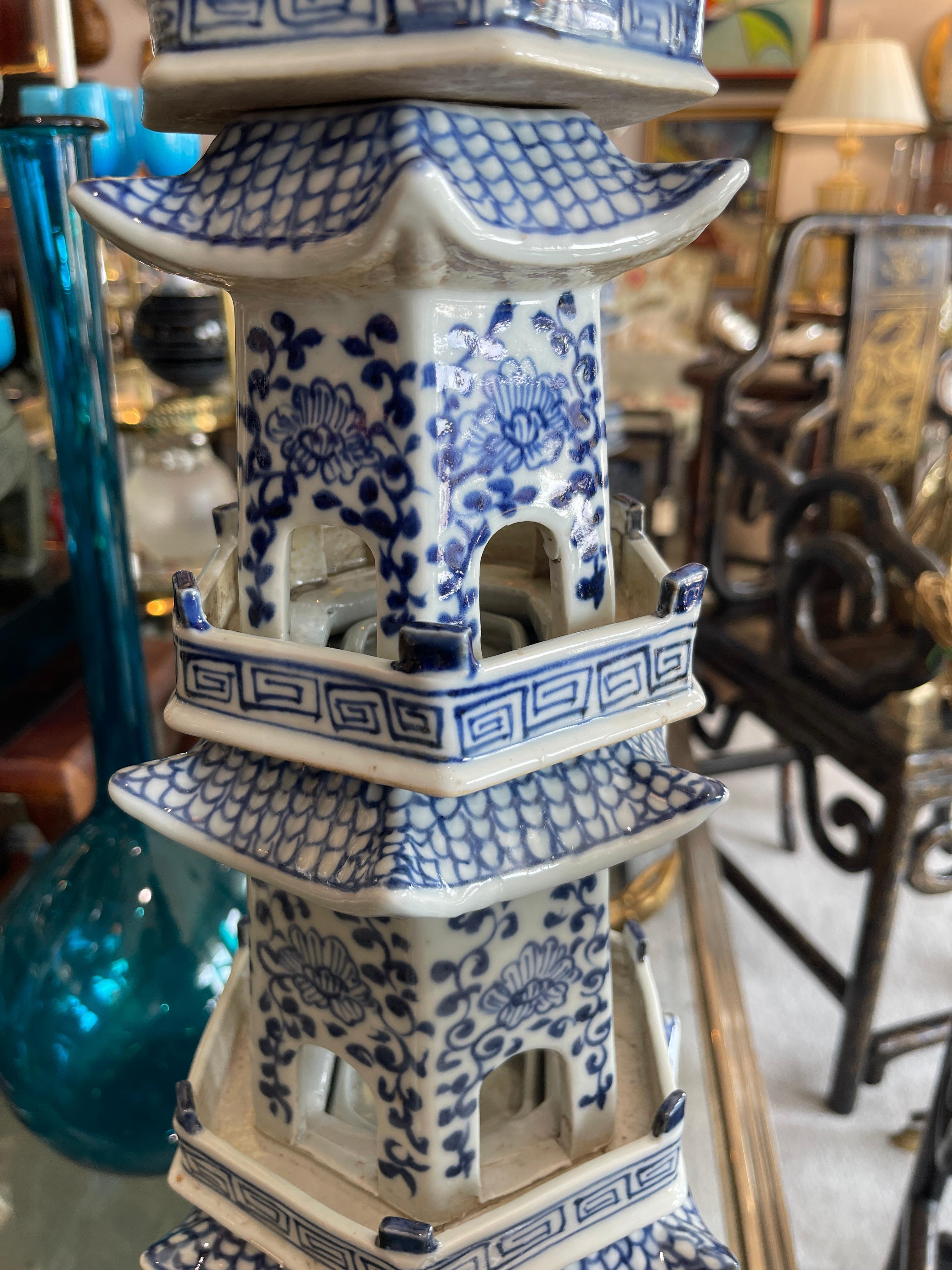 Pair of Tall Chinese Blue & White Porcelain Pagoda 1