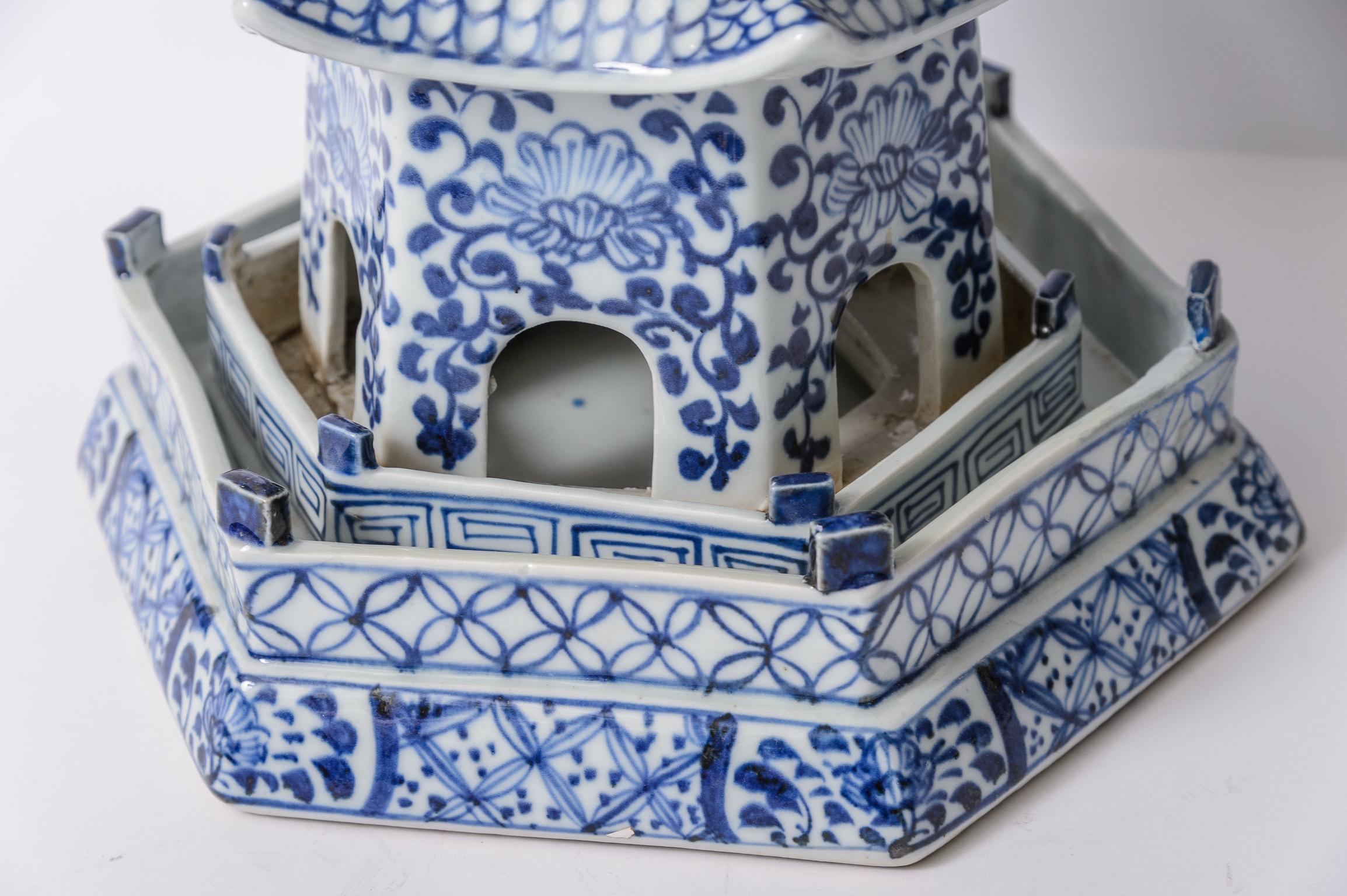 Pair of Tall Chinese Blue & White Porcelain Pagoda 2