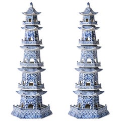 Pair of Tall Chinese Blue & White Porcelain Pagoda