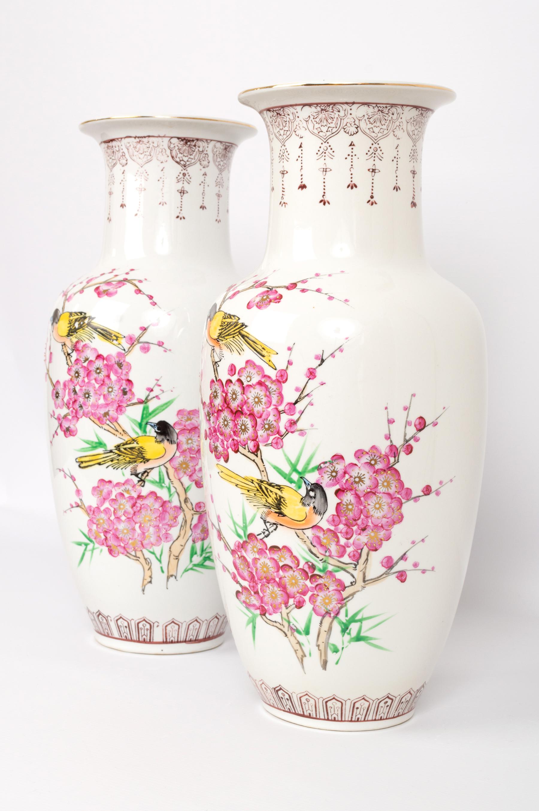 Pair Tall Chinese Famille Rose 'Birds & Blossom' Porcelain Baluster Vases For Sale 3