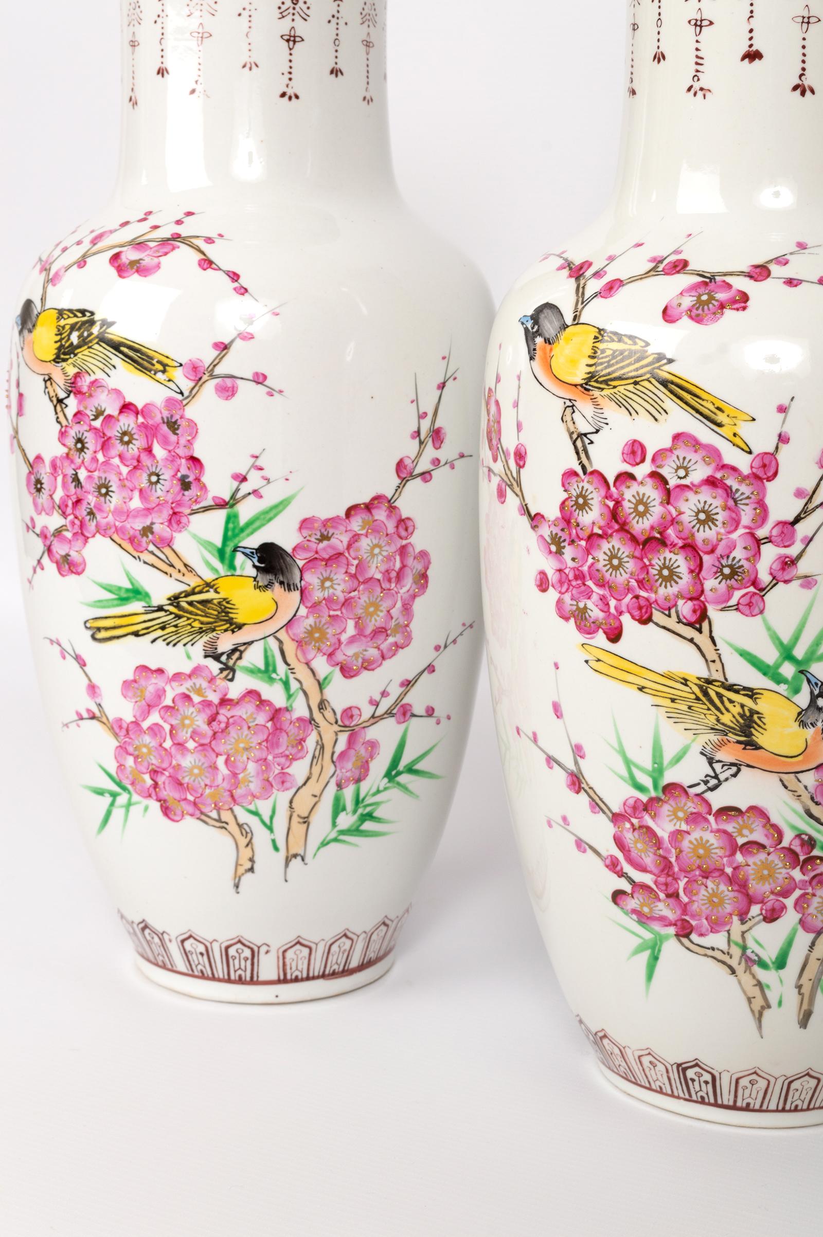 Pair Tall Chinese Famille Rose 'Birds & Blossom' Porcelain Baluster Vases In Good Condition For Sale In London, GB