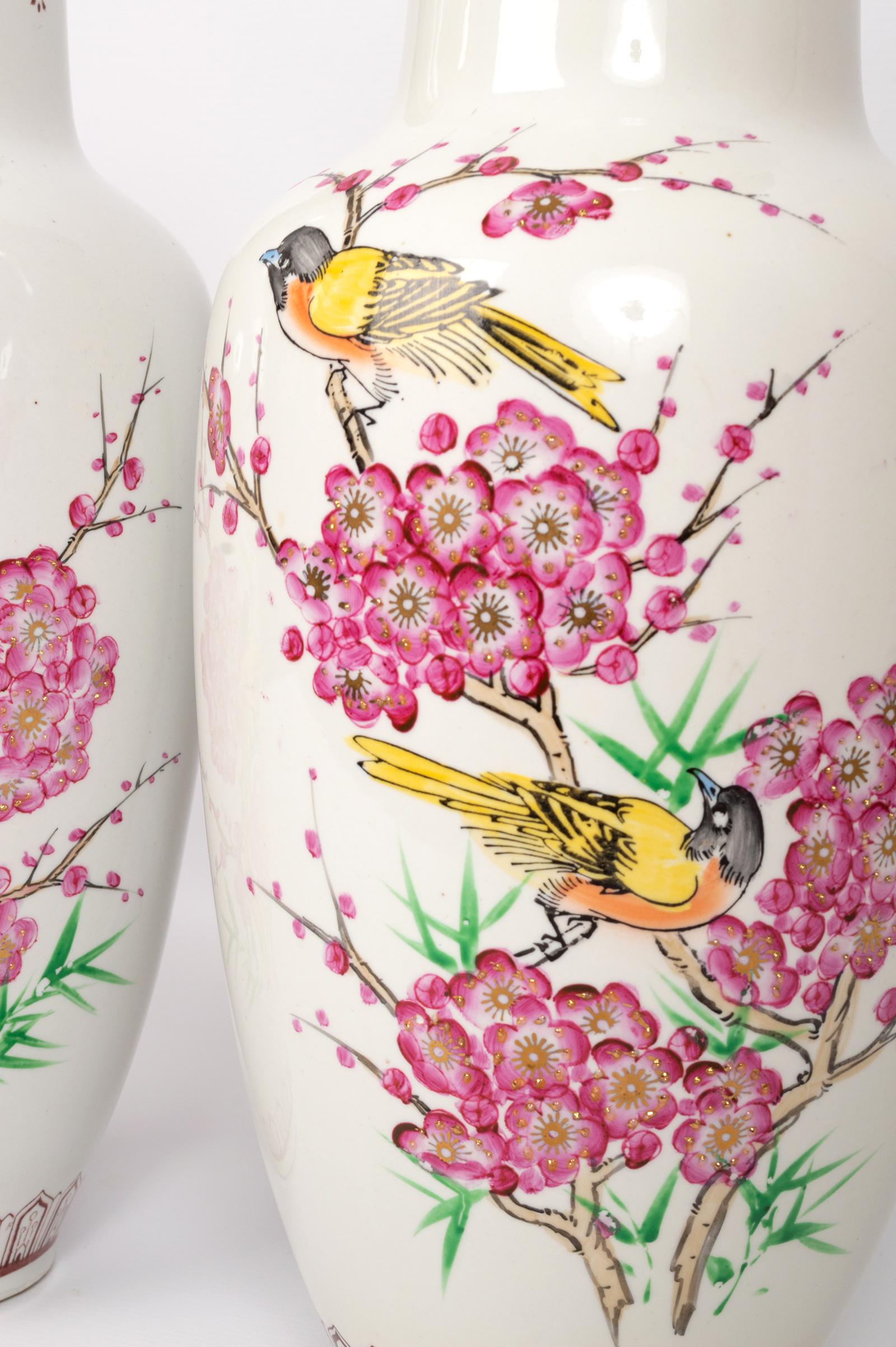 20th Century Pair Tall Chinese Famille Rose 'Birds & Blossom' Porcelain Baluster Vases For Sale