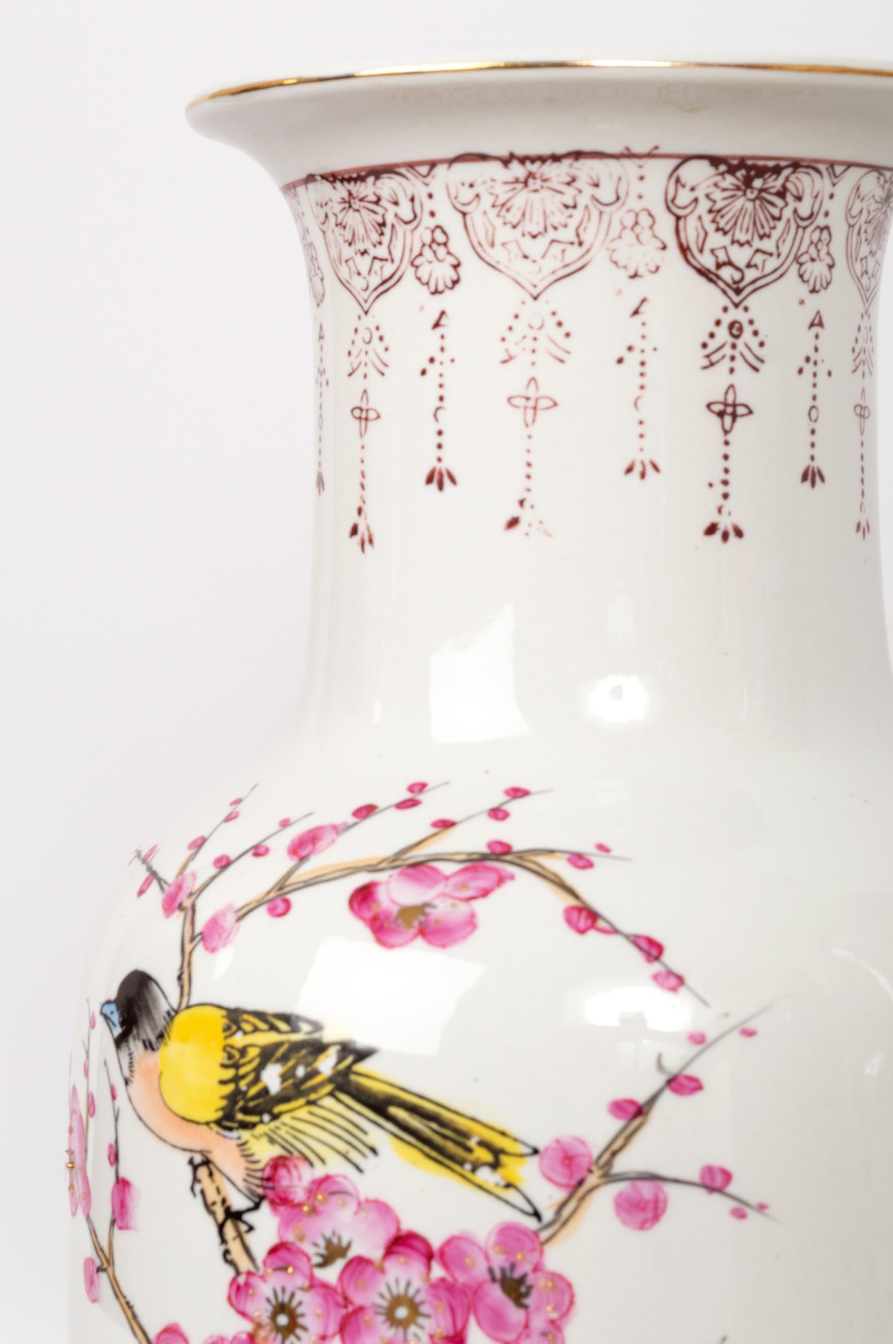 Pair Tall Chinese Famille Rose 'Birds & Blossom' Porcelain Baluster Vases For Sale 1