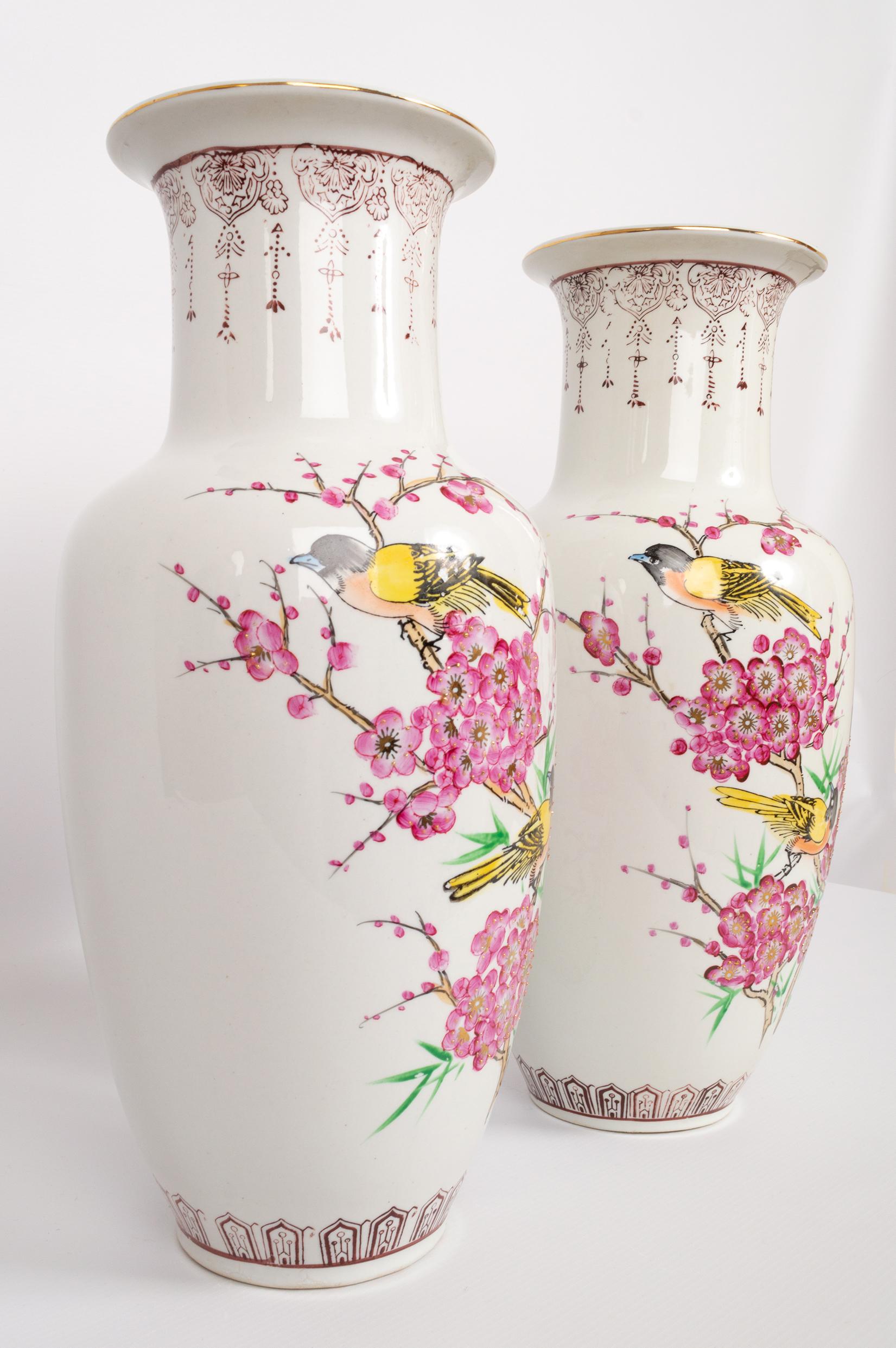 Pair Tall Chinese Famille Rose 'Birds & Blossom' Porcelain Baluster Vases For Sale 2
