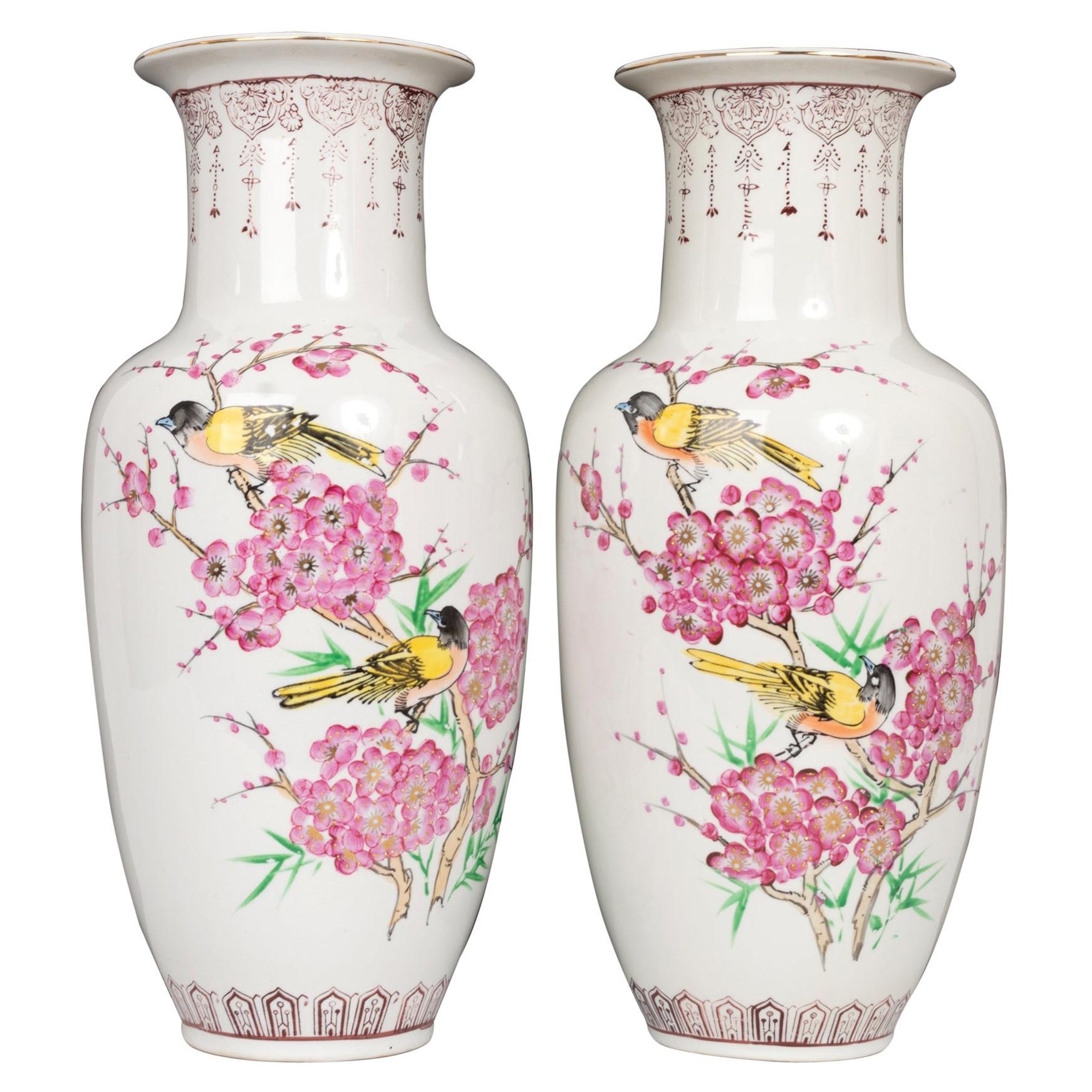 Pair Tall Chinese Famille Rose 'Birds & Blossom' Porcelain Baluster Vases For Sale