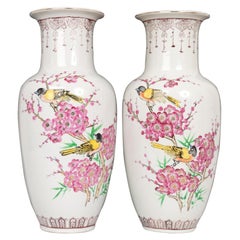 Vintage Pair Tall Chinese Famille Rose 'Birds & Blossom' Porcelain Baluster Vases