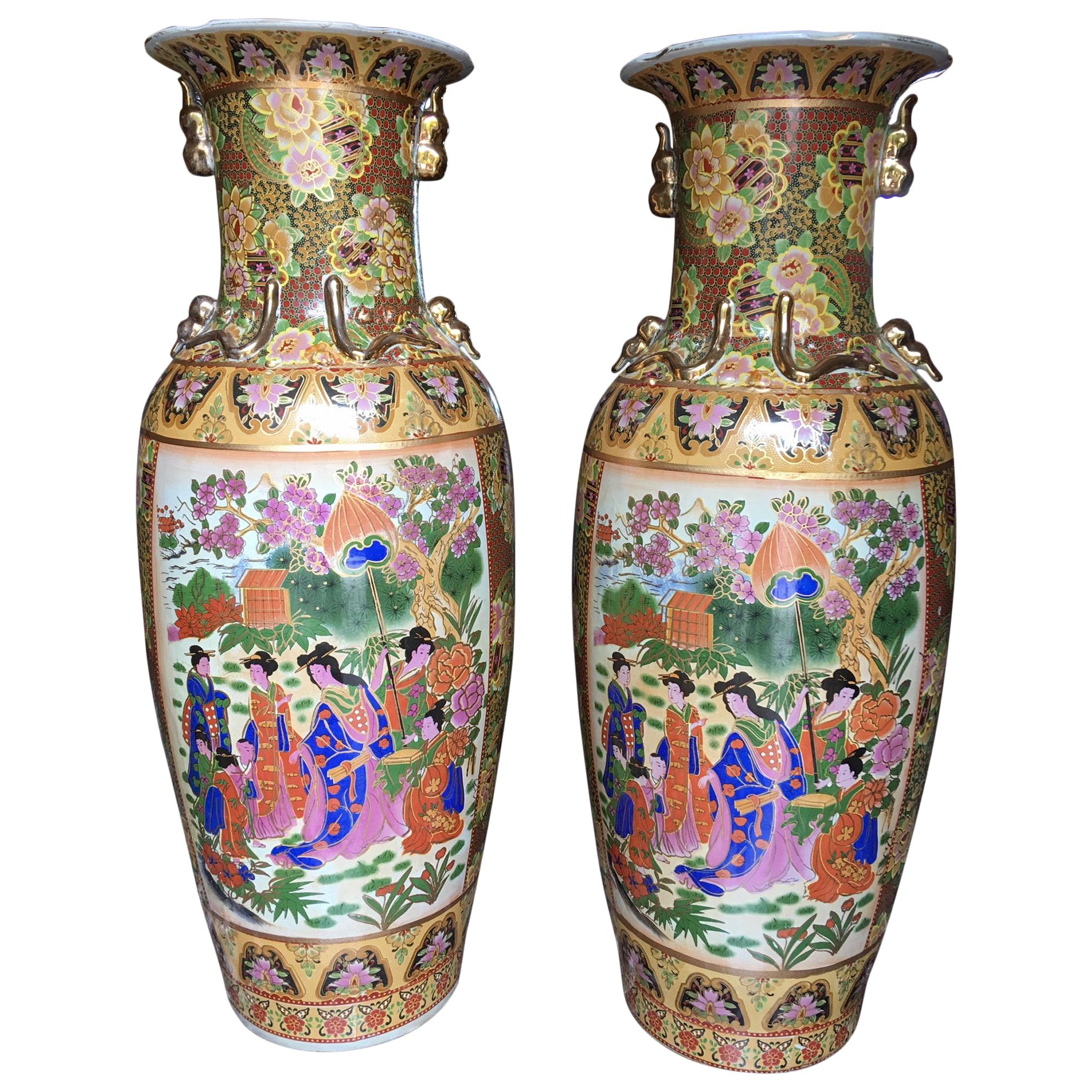 Pair of Tall Chinese Vases with Decorative Scenes, 20th Century