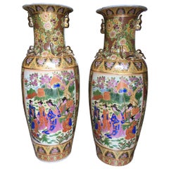 Pair of Tall Chinese Vases with Decorative Scenes, 20th Century