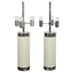 Pair of Tall Chrome and Off-White Faux Leather Mid-Century Modern Table Lamps