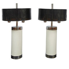 Pair of Tall Chrome and Off-White Faux Leather Mid-Century Modern Table Lamps