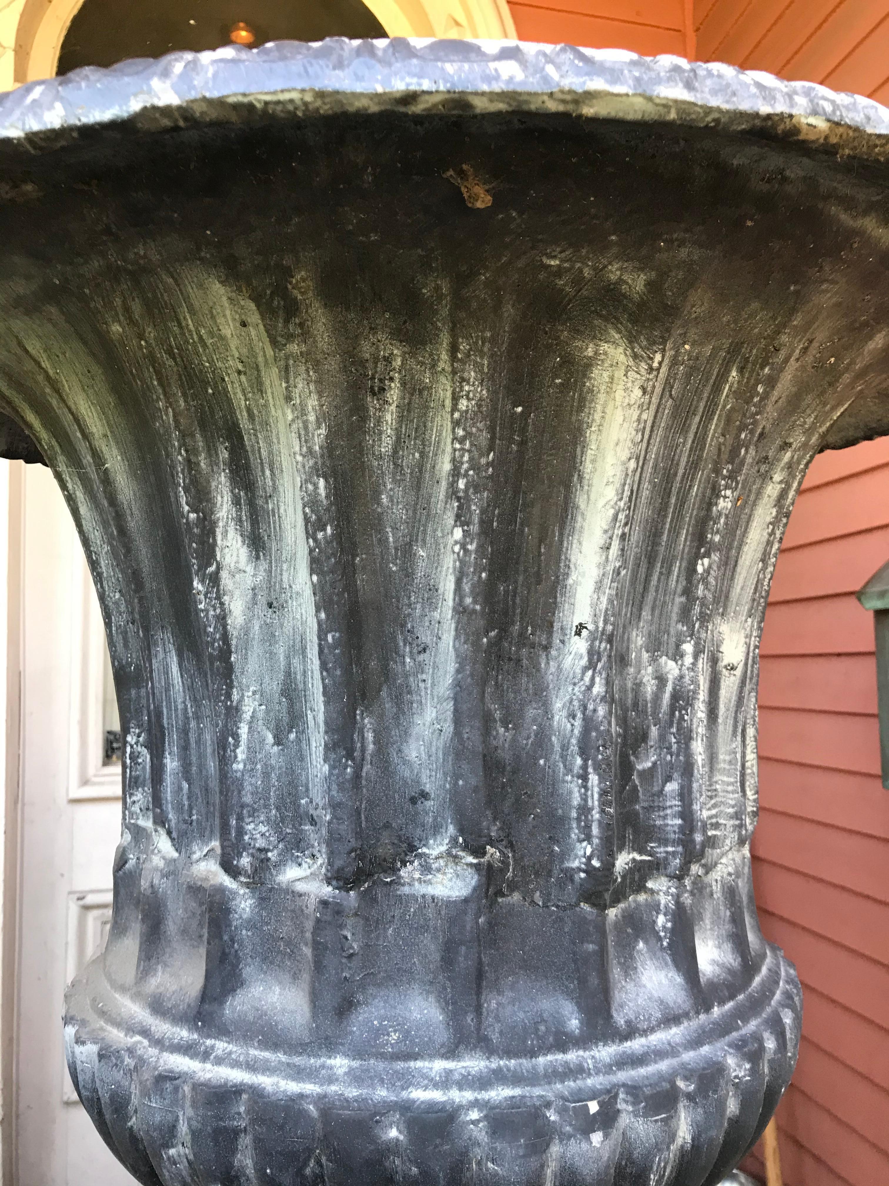 Pair of Tall Classical Styled Fluted Metal Garden Urns on Stands For Sale 3