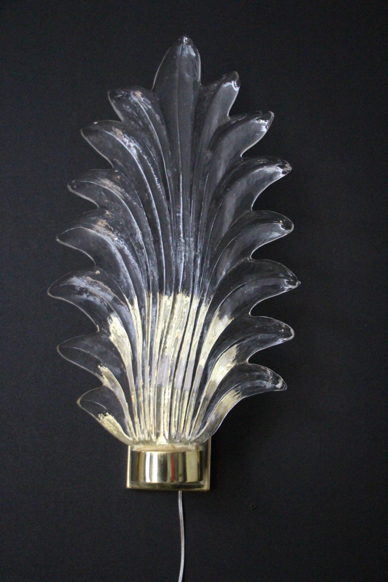 Coppia di lampade alte a foglia di palma in vetro di Murano trasparente in stile Barovier in vendita 10