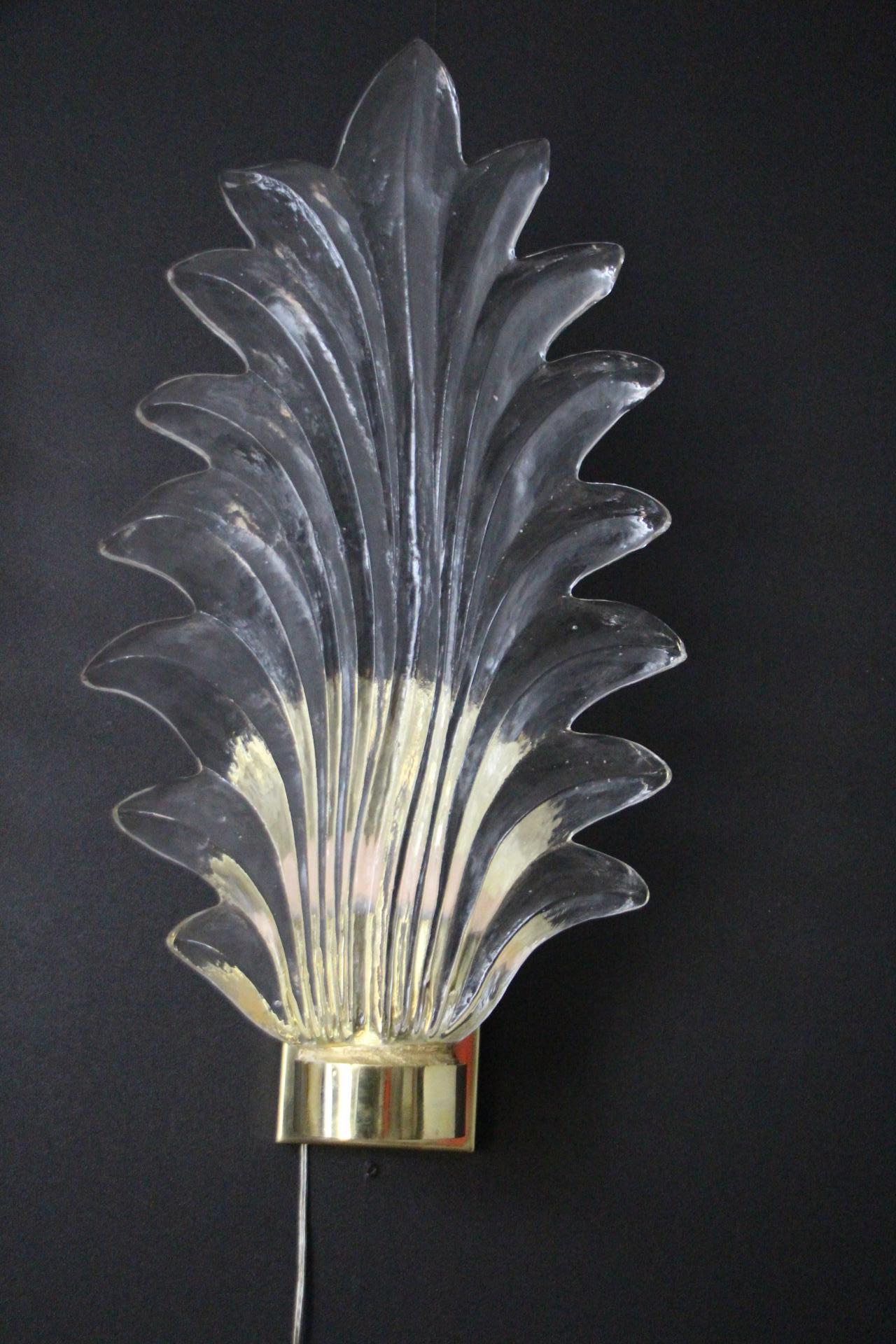 Coppia di lampade alte a foglia di palma in vetro di Murano trasparente in stile Barovier in vendita 12
