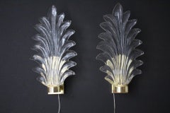 Pair of Tall Clear Murano Glass Palm Tree Leaf Sconces in Barovier Style