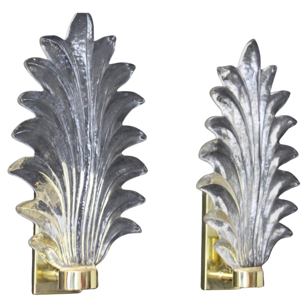 Paar hohe Palmwedel aus klarem Muranoglas im Barovier-Stil