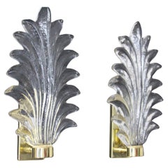 Pair of Tall Clear Murano Glass Palm Tree Leaf Sconces in Barovier Style