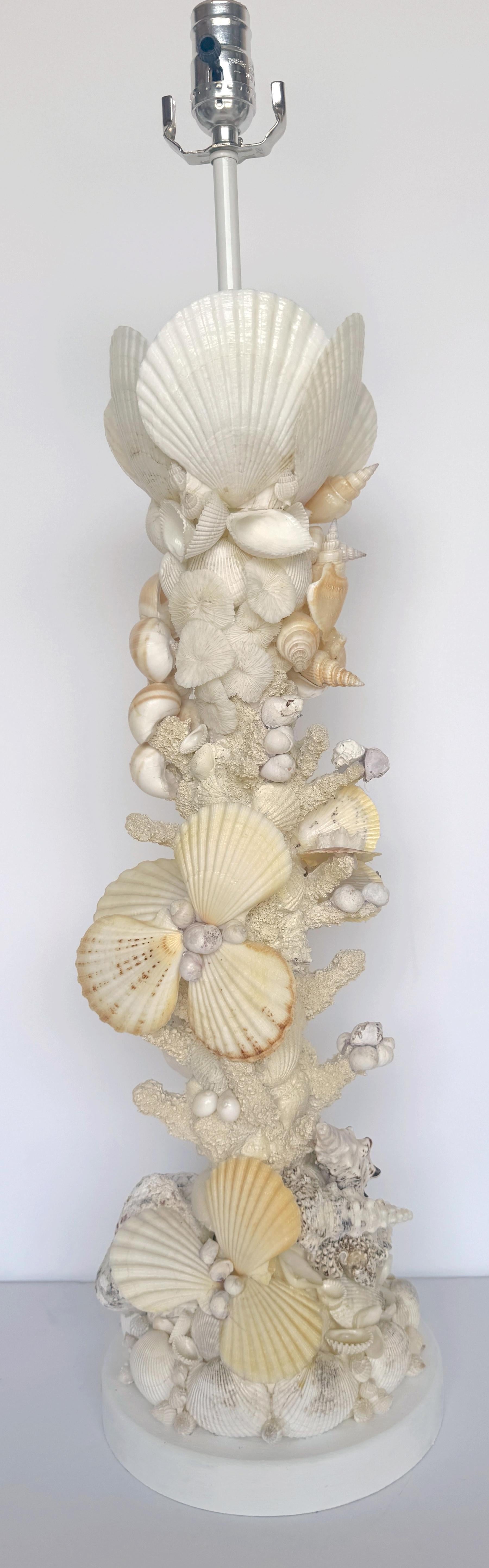 Pair of Tall Coastal Seashell Encrusted Column Lamps For Sale 2