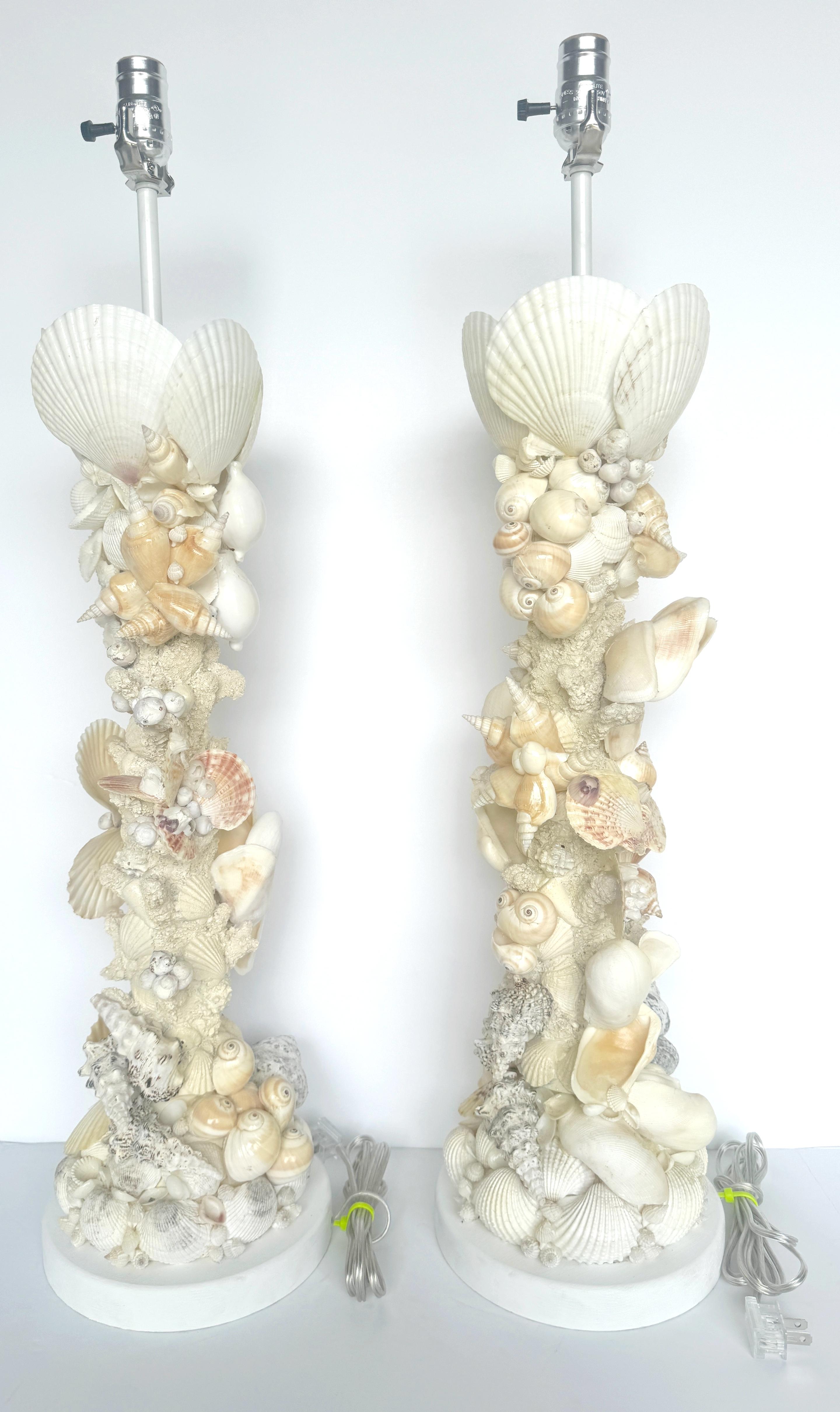 Pair of Tall Coastal Seashell Encrusted Column Lamps For Sale 4