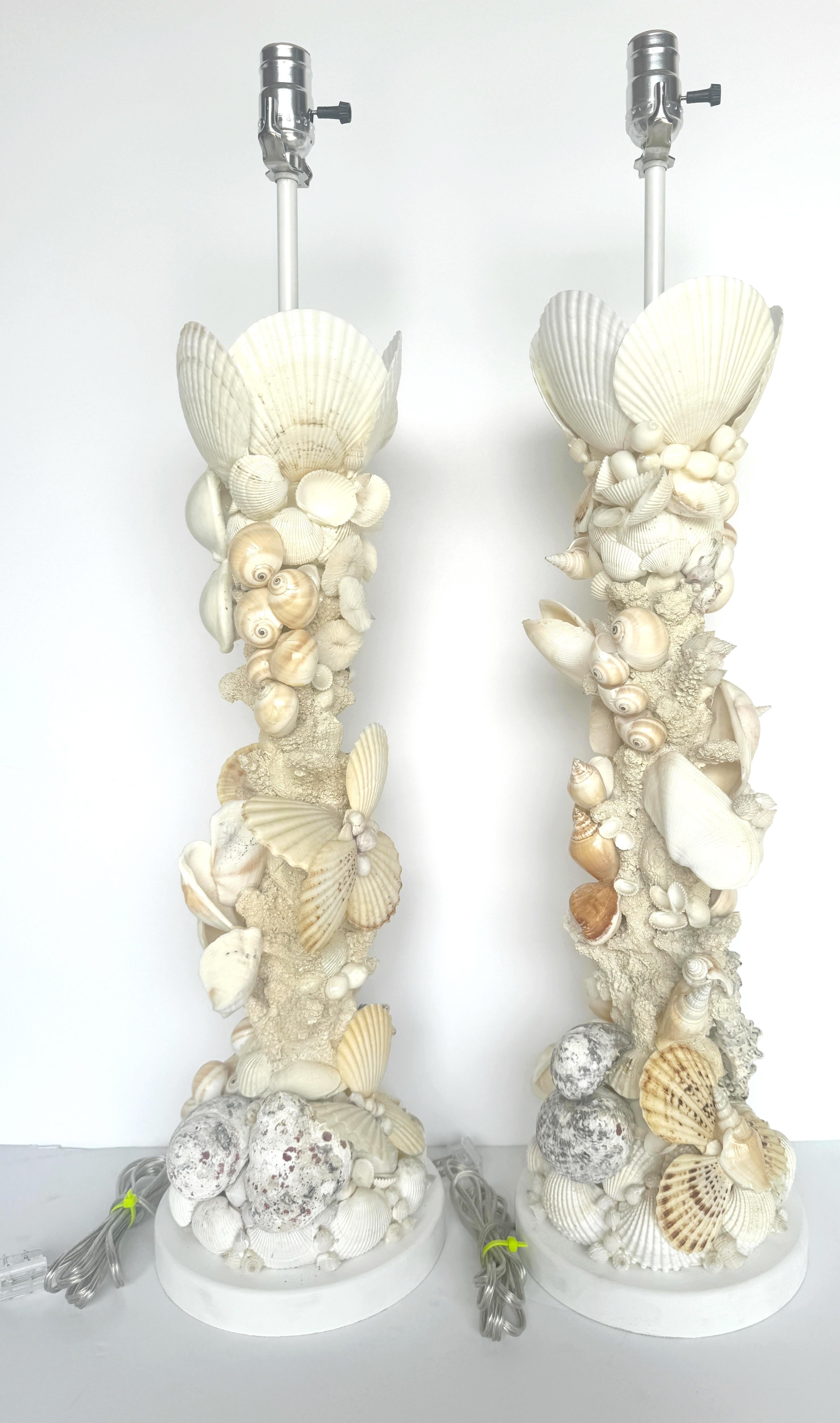 Pair of Tall Coastal Seashell Encrusted Column Lamps For Sale 6