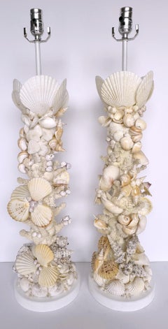 Pair of Tall Coastal Seashell Encrusted Column Lamps