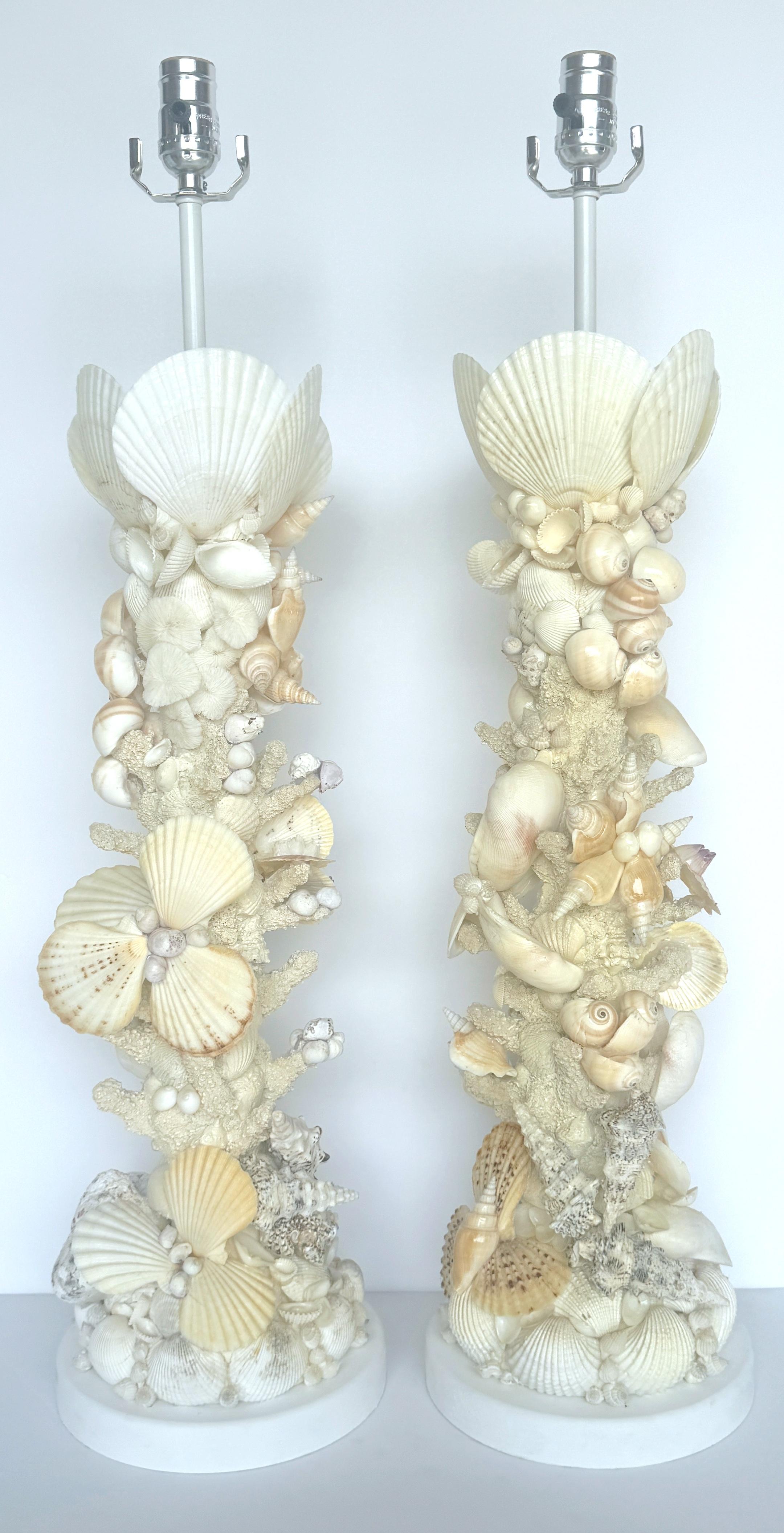 Modern Pair of Tall Coastal Seashell Encrusted Column Lamps For Sale