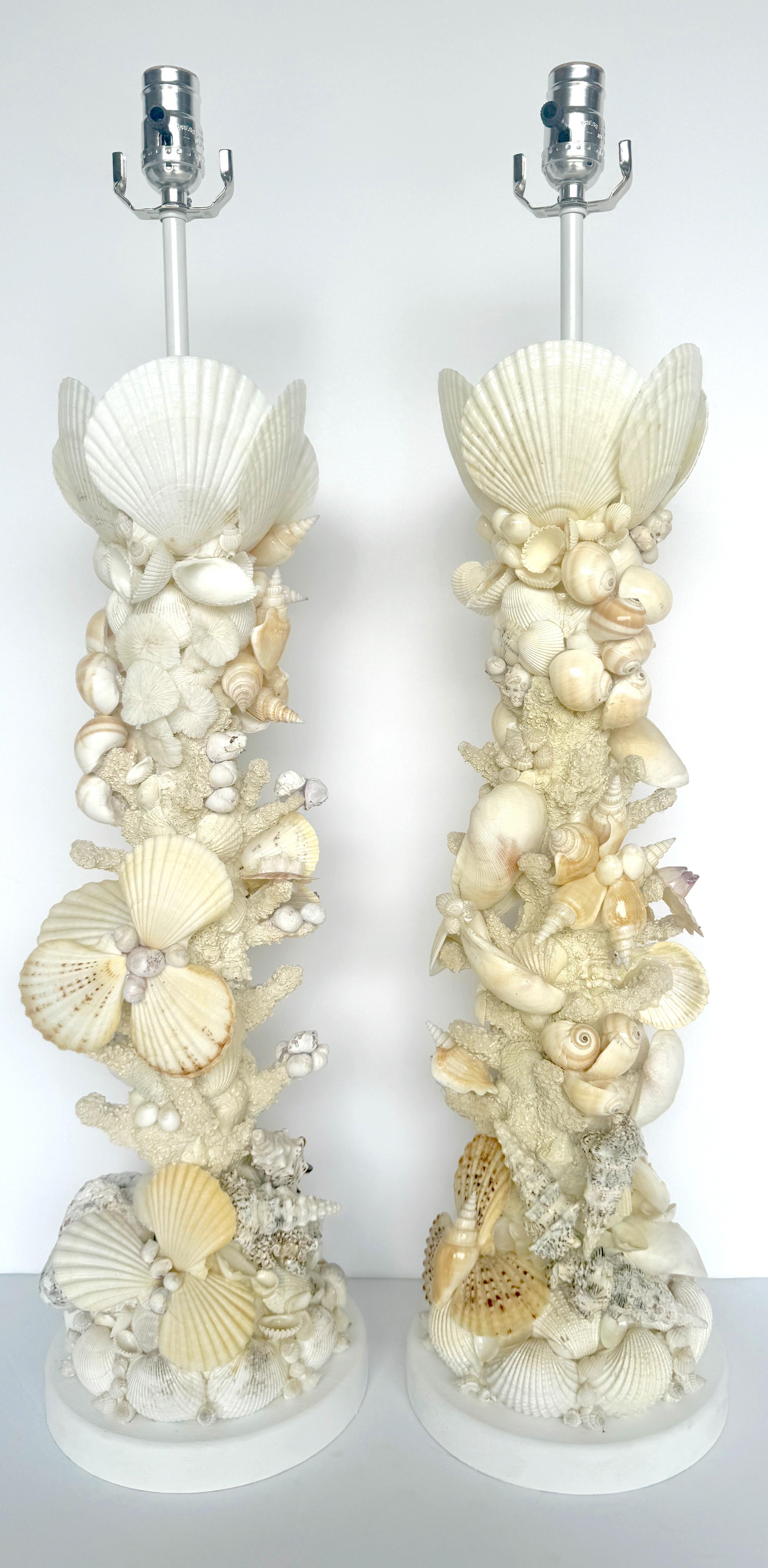 American Pair of Tall Coastal Seashell Encrusted Column Lamps For Sale