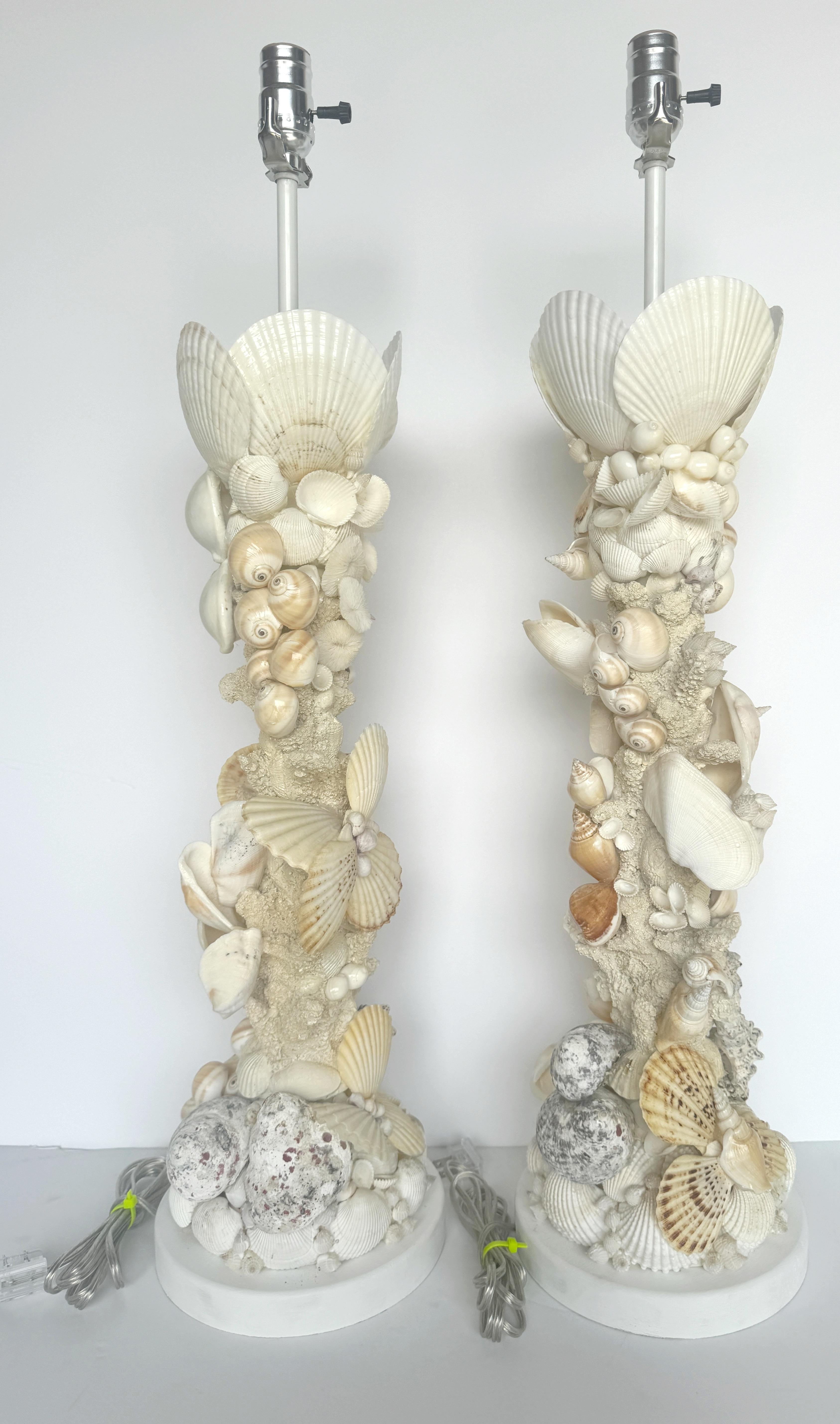 20th Century Pair of Tall Coastal Seashell Encrusted Column Lamps For Sale