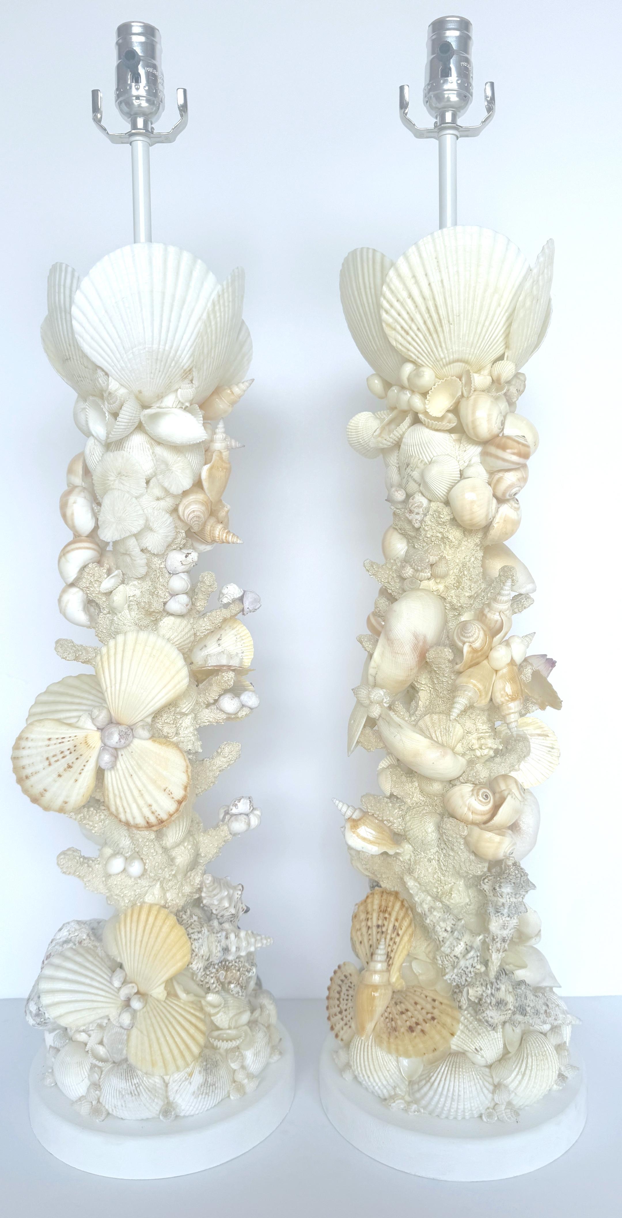 Metal Pair of Tall Coastal Seashell Encrusted Column Lamps For Sale