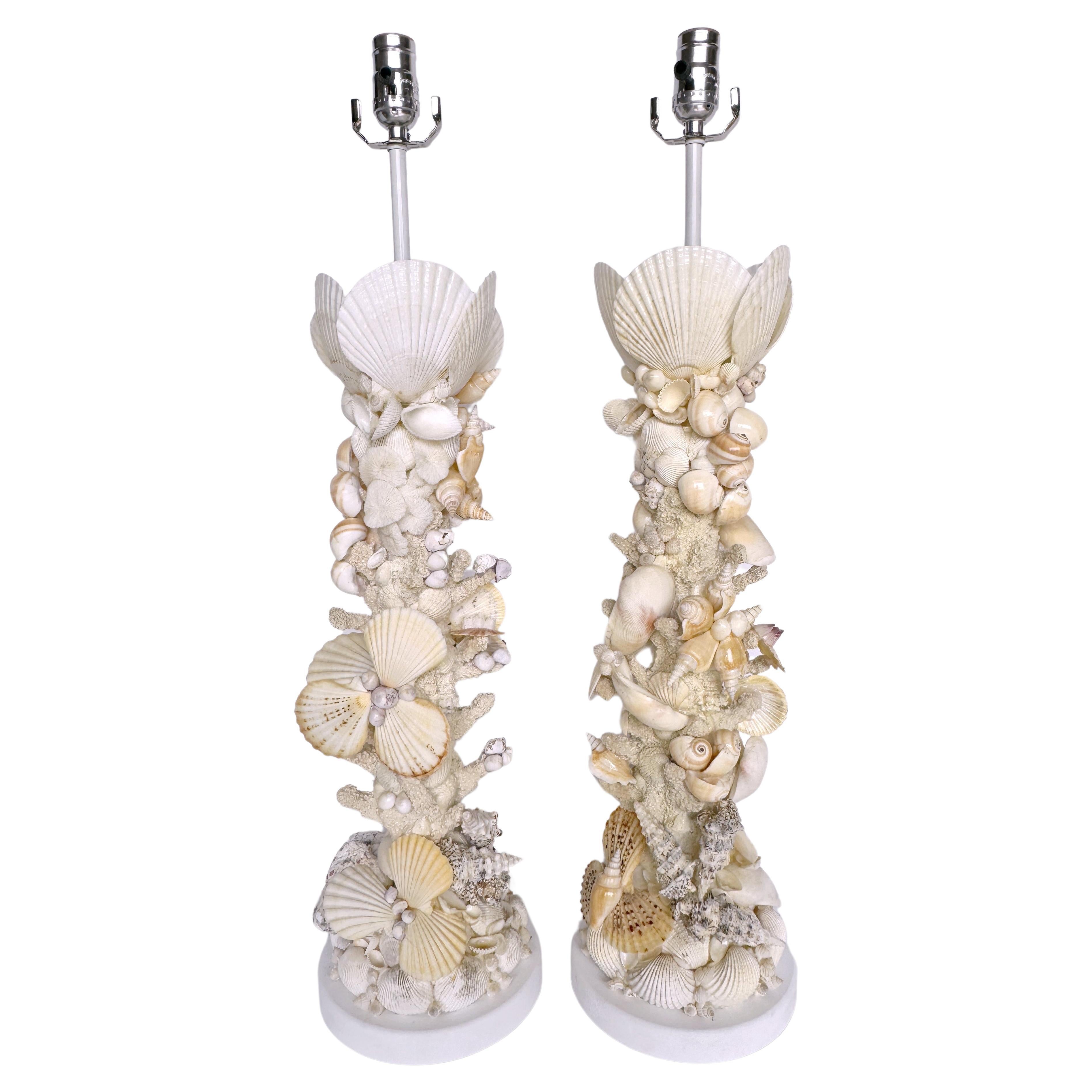 Pair of Tall Coastal Seashell Encrusted Column Lamps For Sale