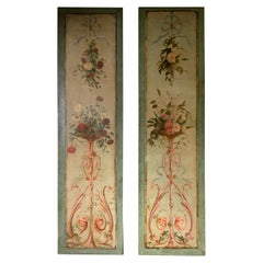 Antique Pair of Tall Colorful Floral Oil Paintings on Canvas with Green and Rose Hues