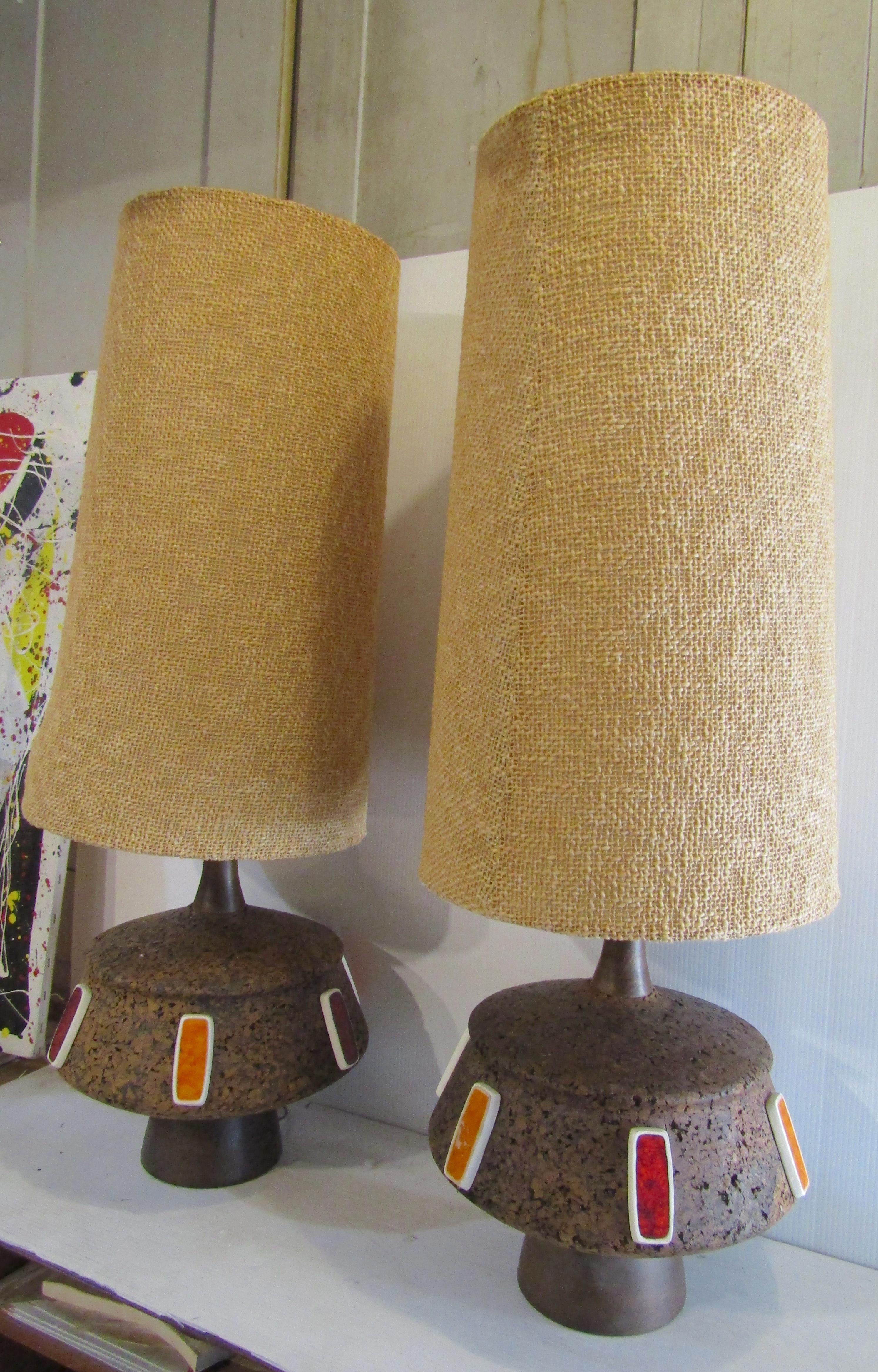 Mid-Century Modern cork lamps with original shades and decorative colored ceramics.
(Please confirm item location - NY or NJ - with dealer).
 