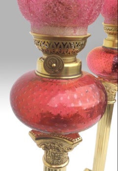 Pair of Tall Cranberry Ruby Glass Peg Oil Lamps