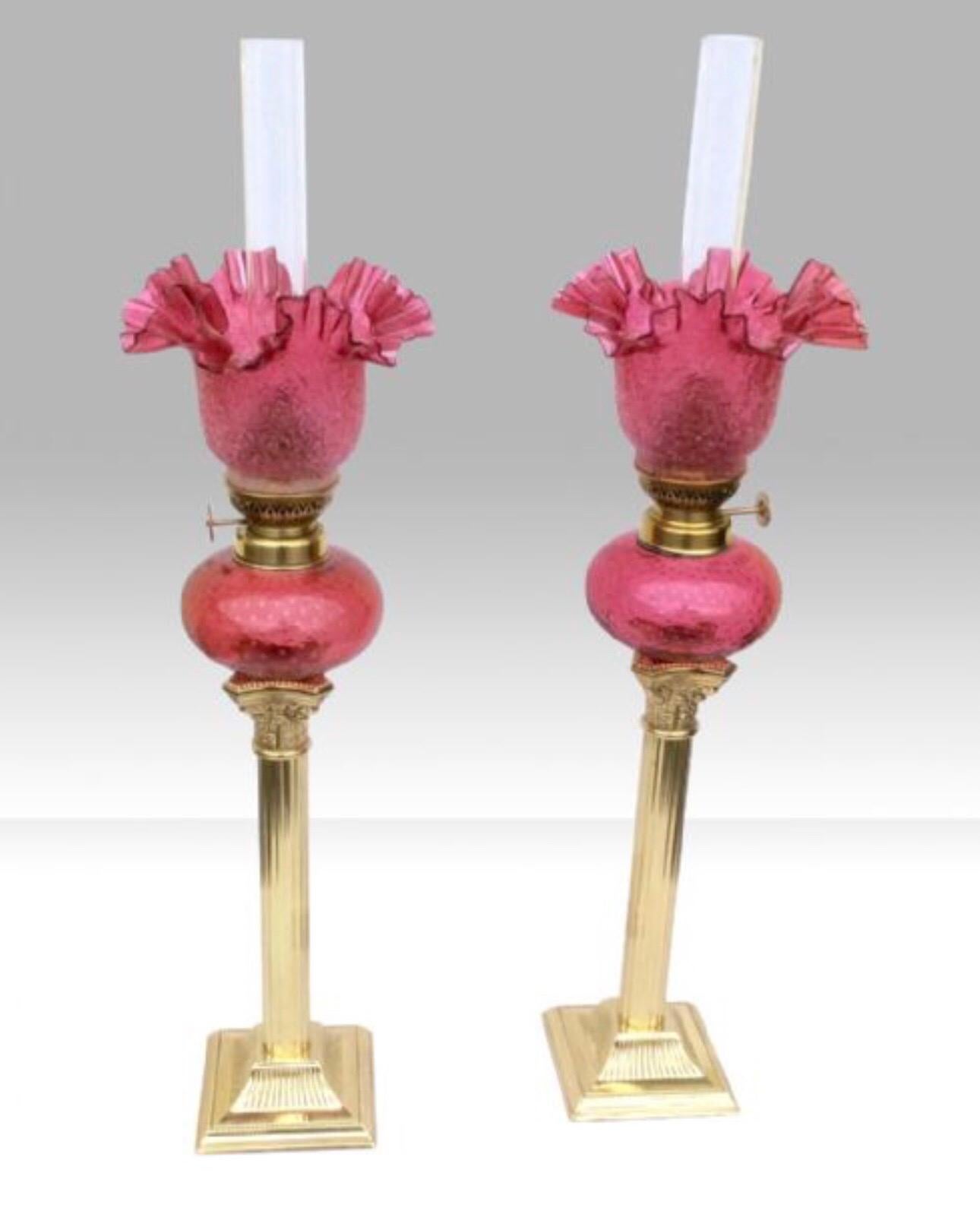 Victorian Pair of Tall Cranberry Ruby Glass Peg Oil Lamps For Sale