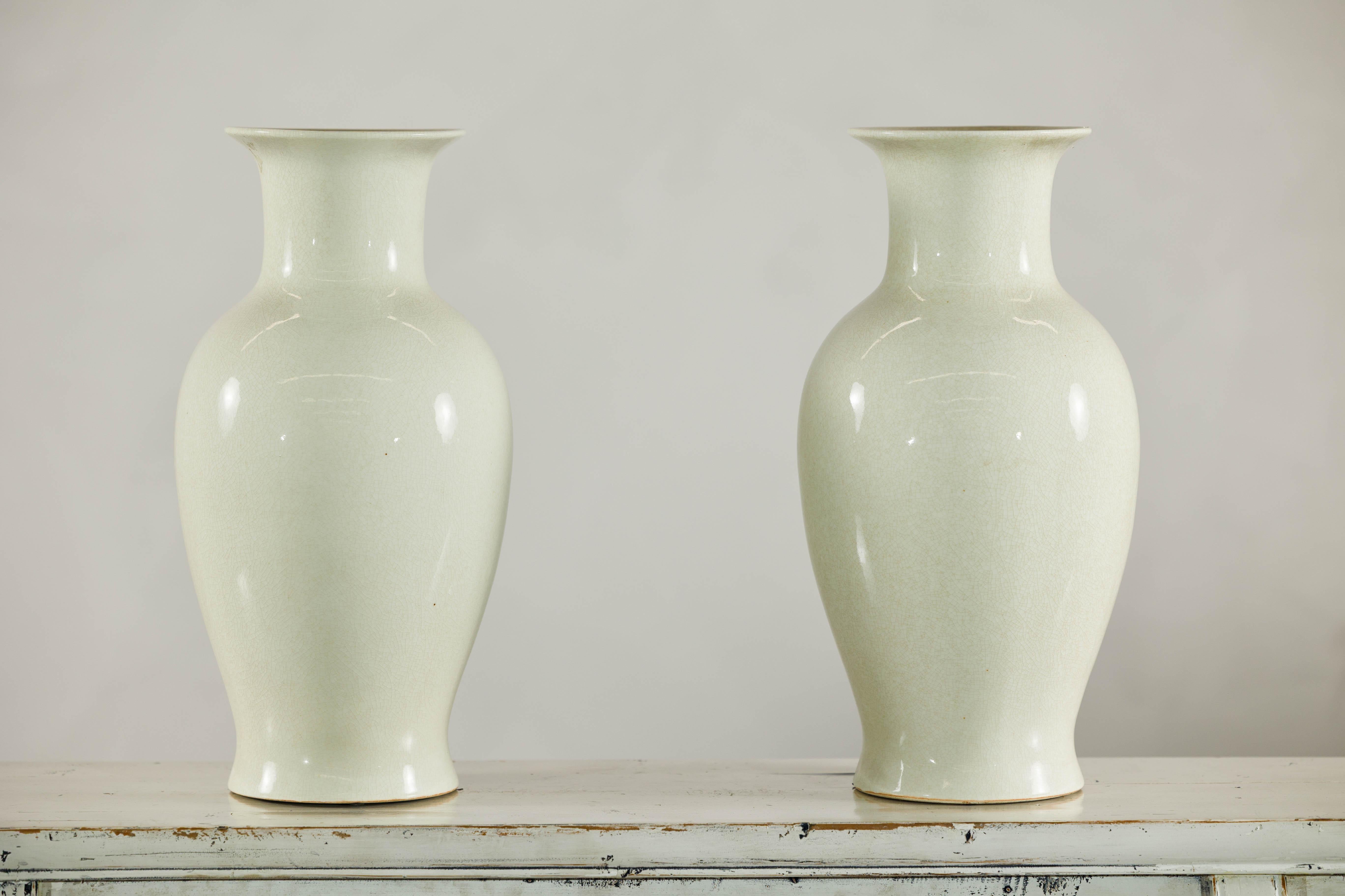 Pair of Tall Cream Crackle Glazed Vases with Subtle Flared Rims For Sale 5
