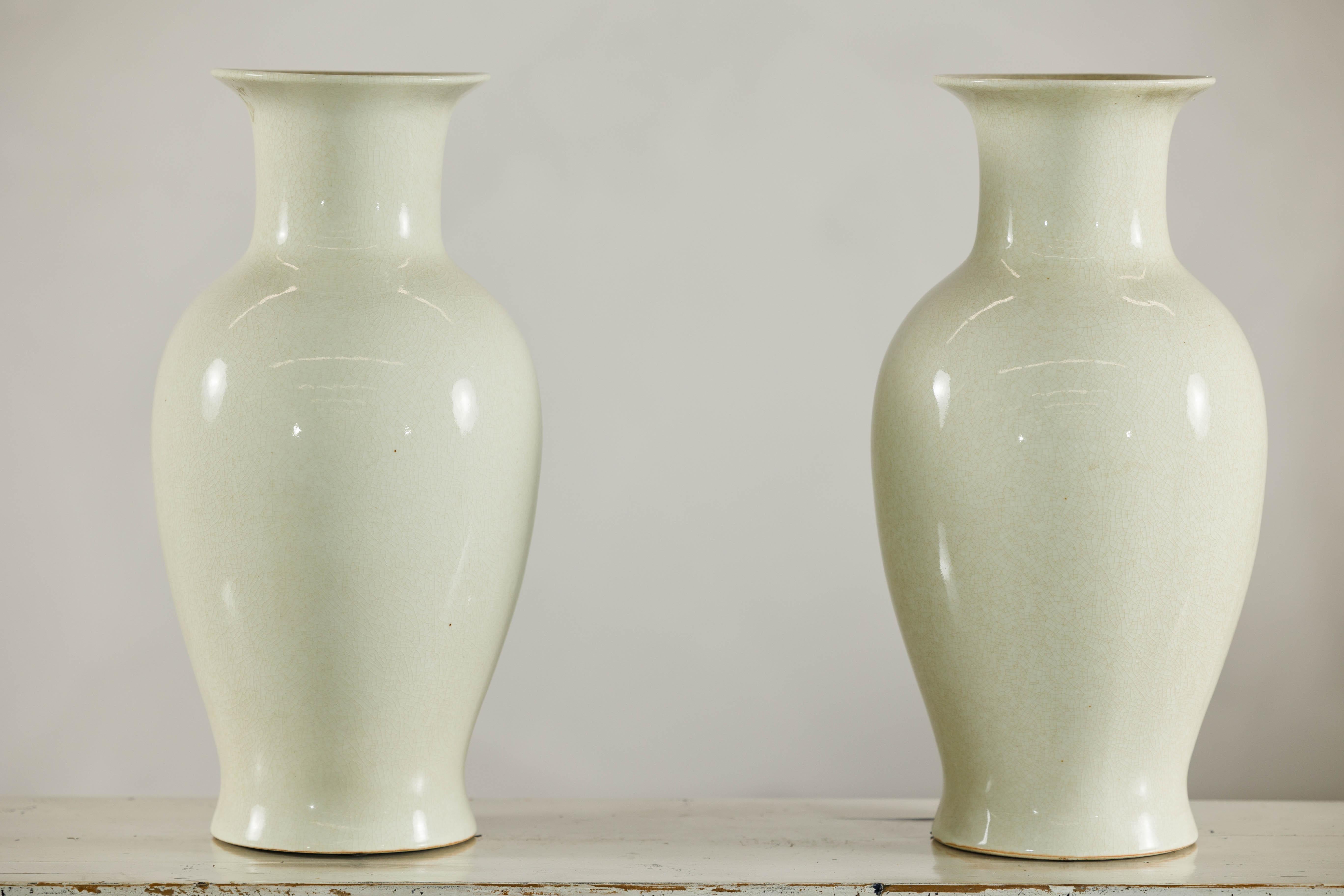 Pair of Tall Cream Crackle Glazed Vases with Subtle Flared Rims For Sale 6