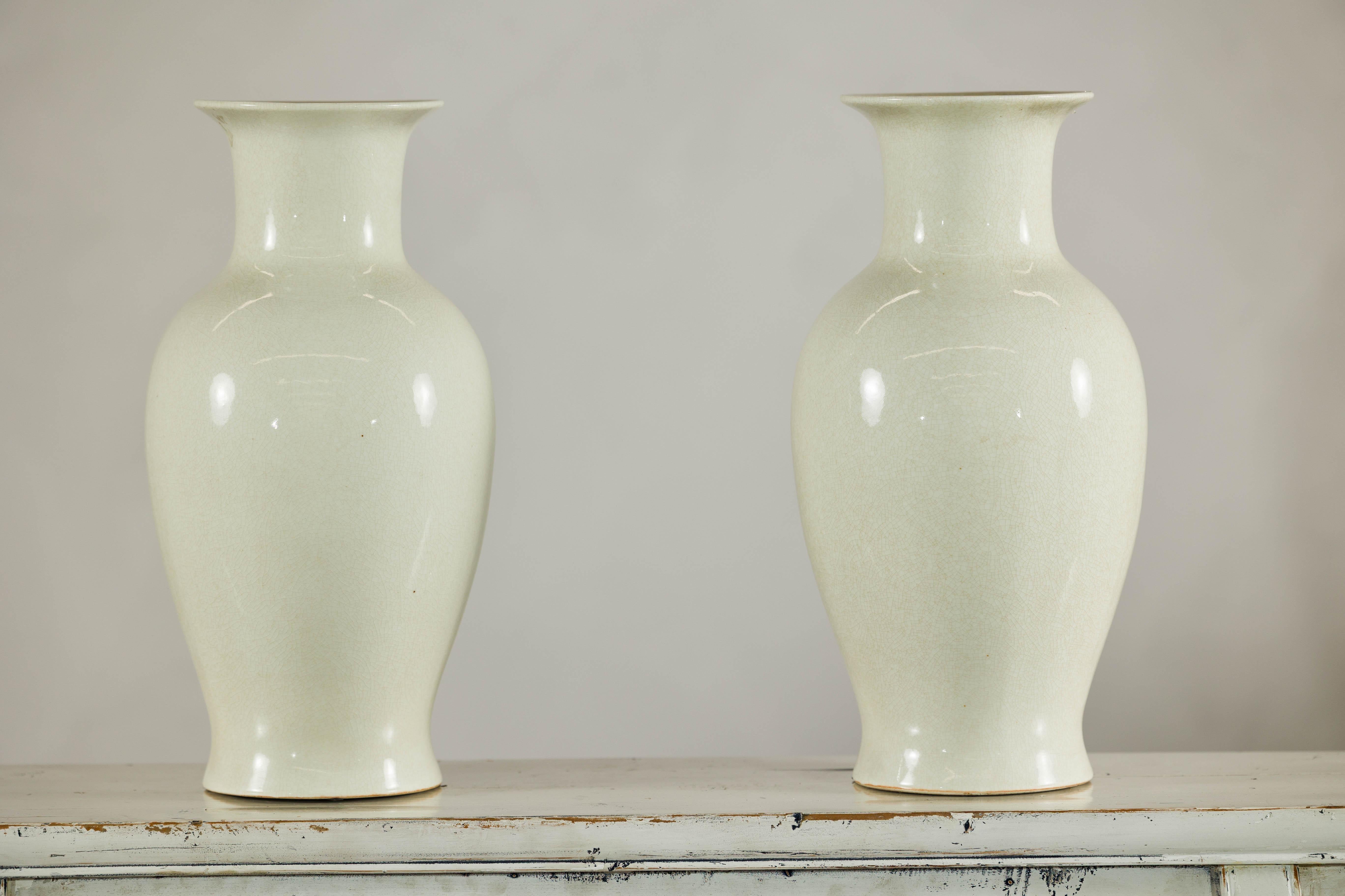 Pair of Tall Cream Crackle Glazed Vases with Subtle Flared Rims For Sale 8