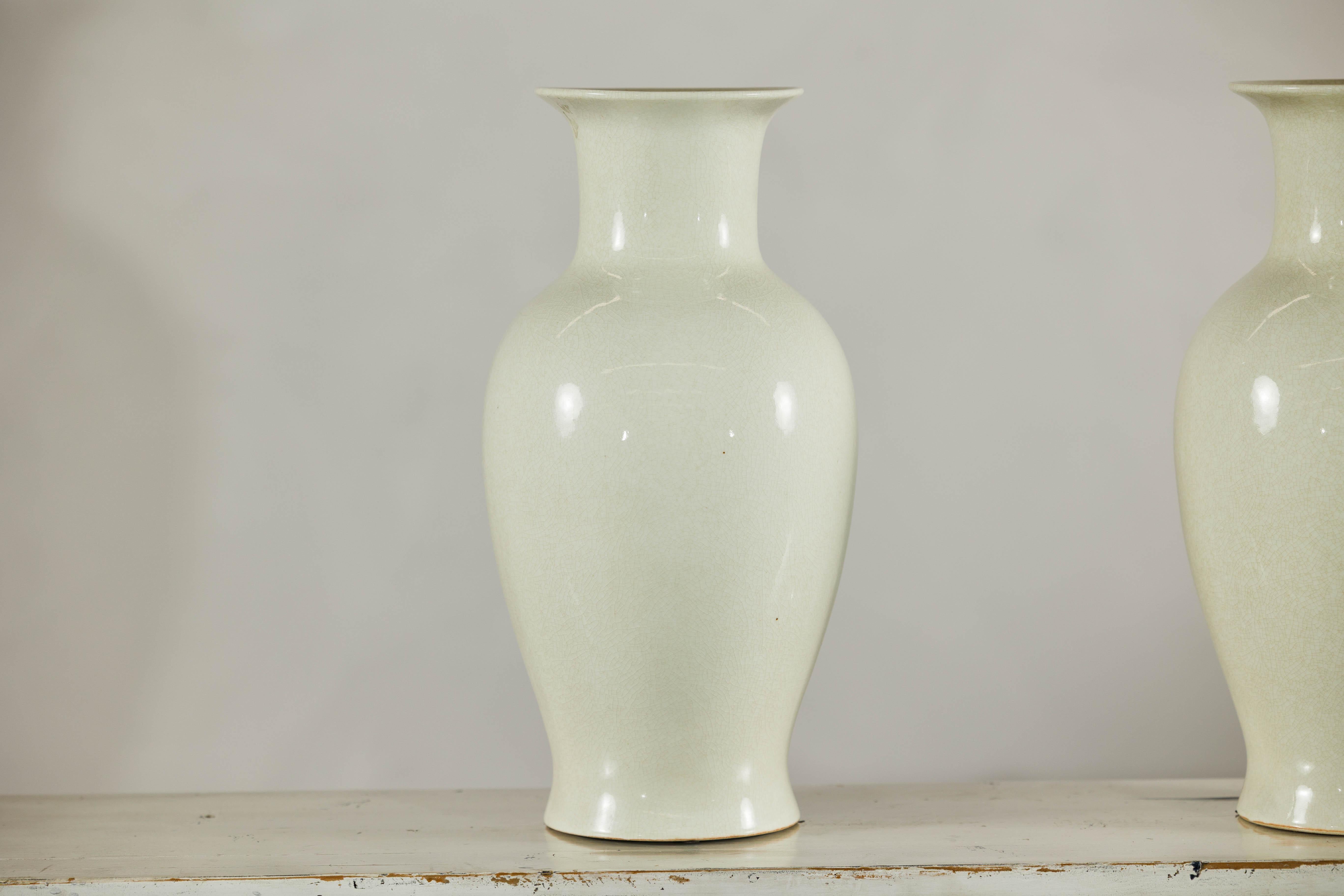 Pair of Tall Cream Crackle Glazed Vases with Subtle Flared Rims For Sale 9