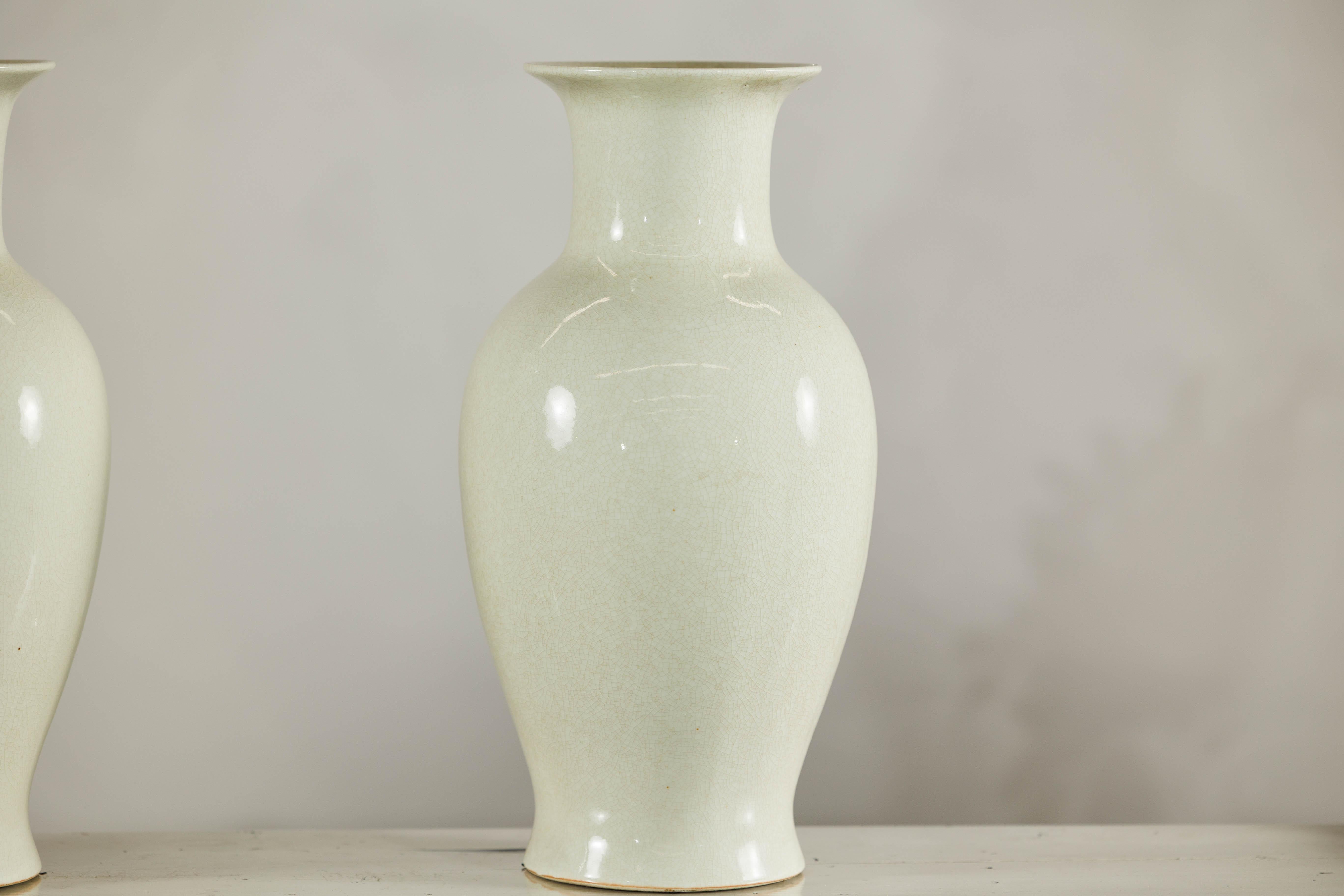 Pair of Tall Cream Crackle Glazed Vases with Subtle Flared Rims For Sale 10