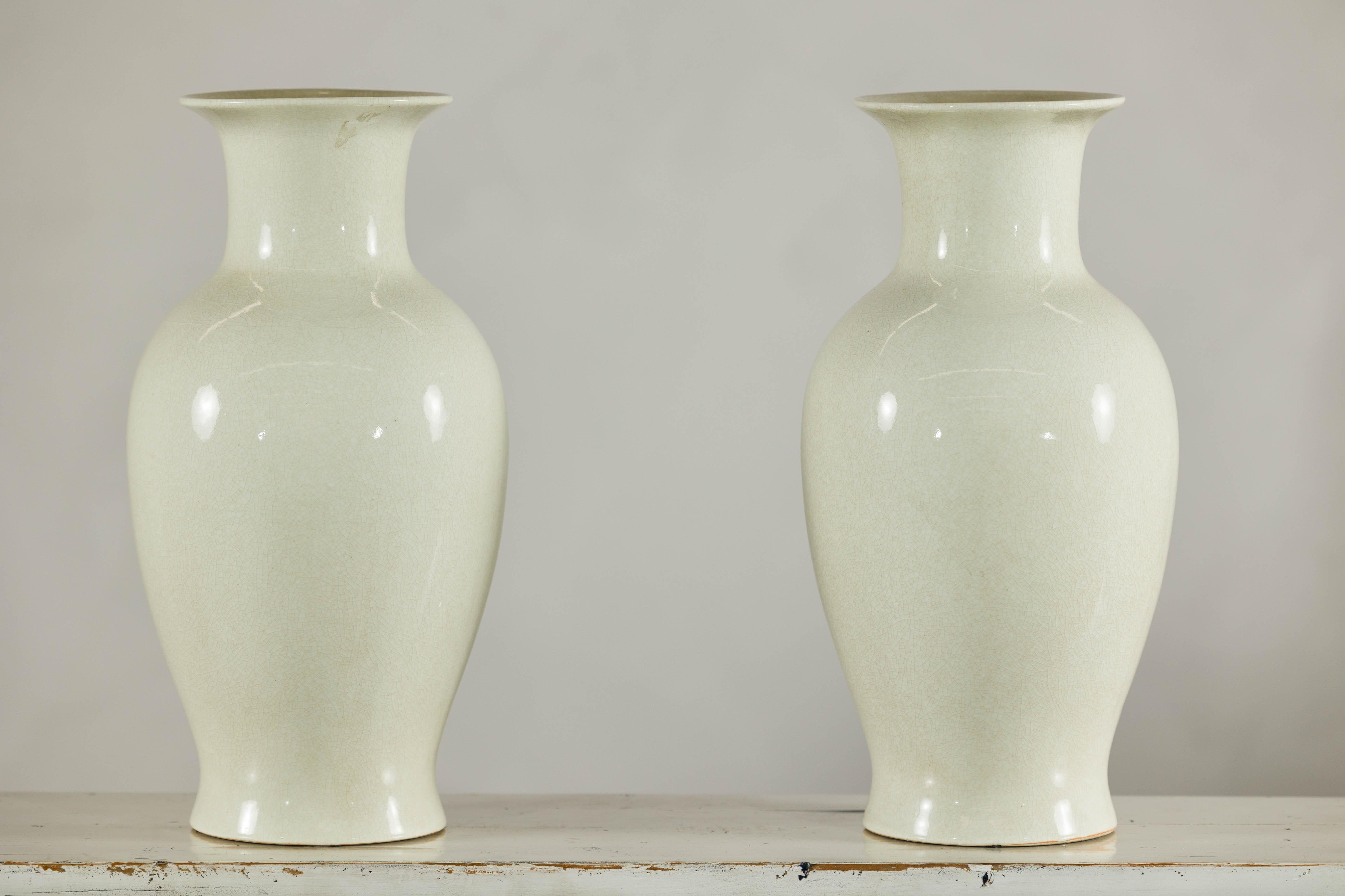 Pair of Tall Cream Crackle Glazed Vases with Subtle Flared Rims For Sale 11