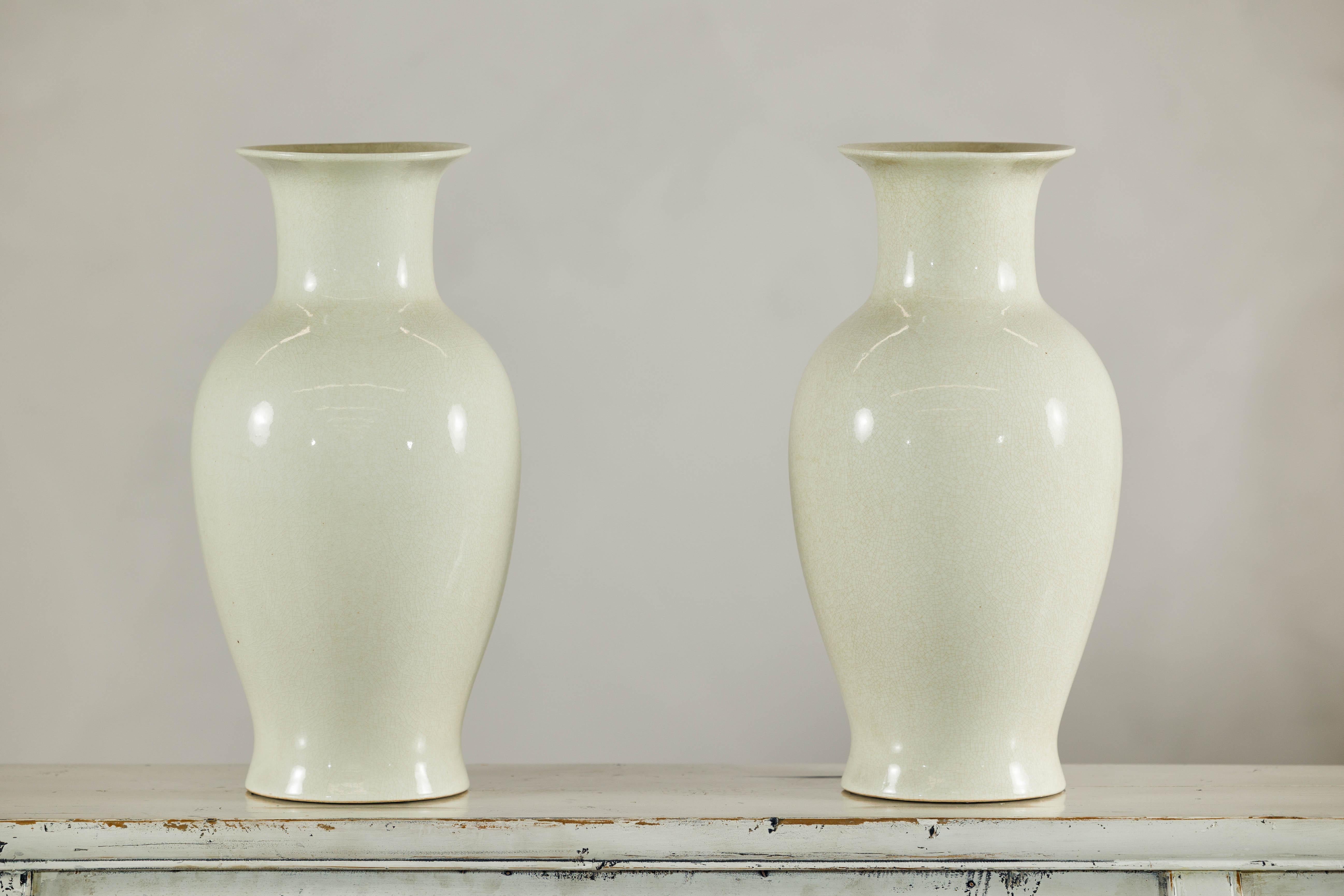 Pair of Tall Cream Crackle Glazed Vases with Subtle Flared Rims For Sale 12