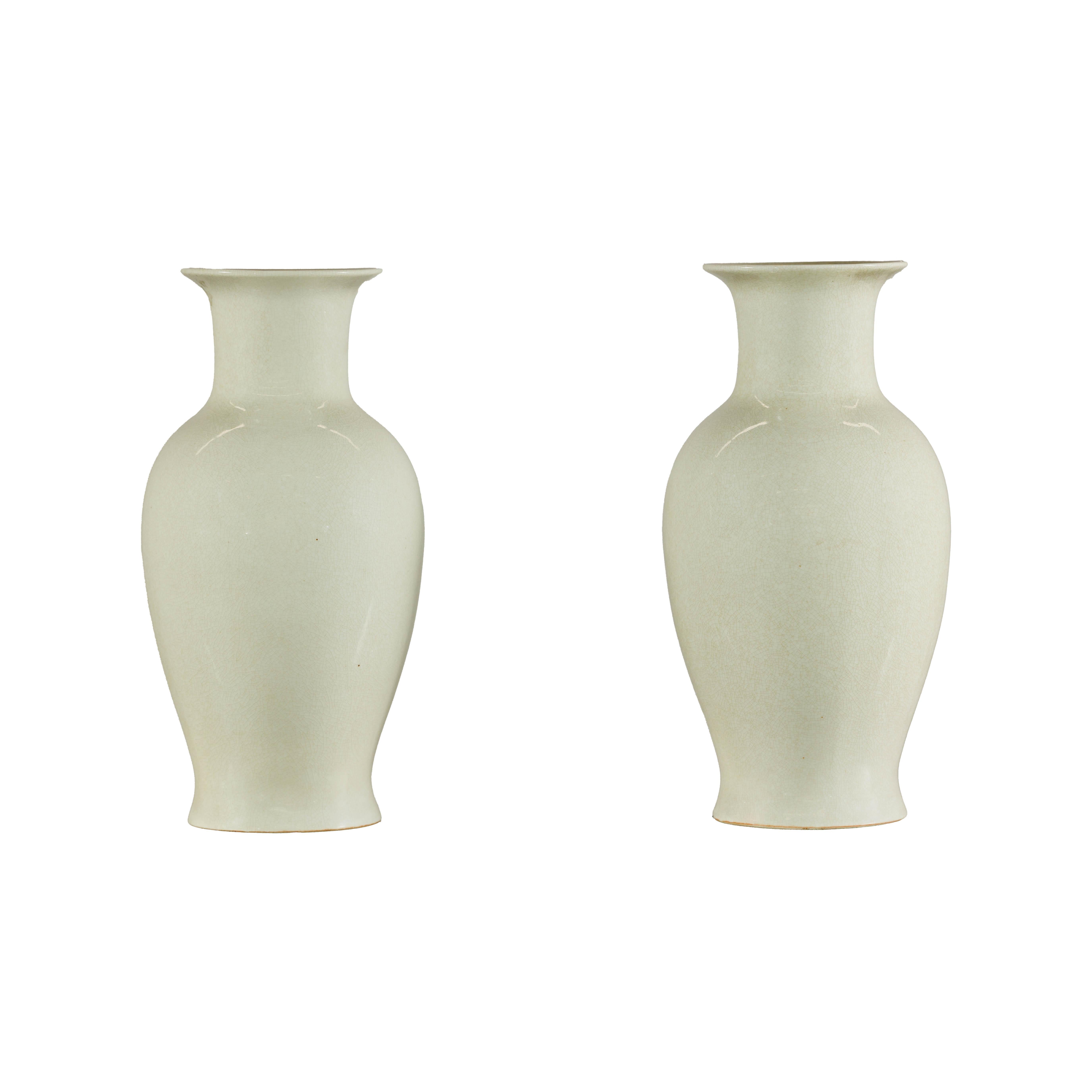 Pair of Tall Cream Crackle Glazed Vases with Subtle Flared Rims For Sale 13