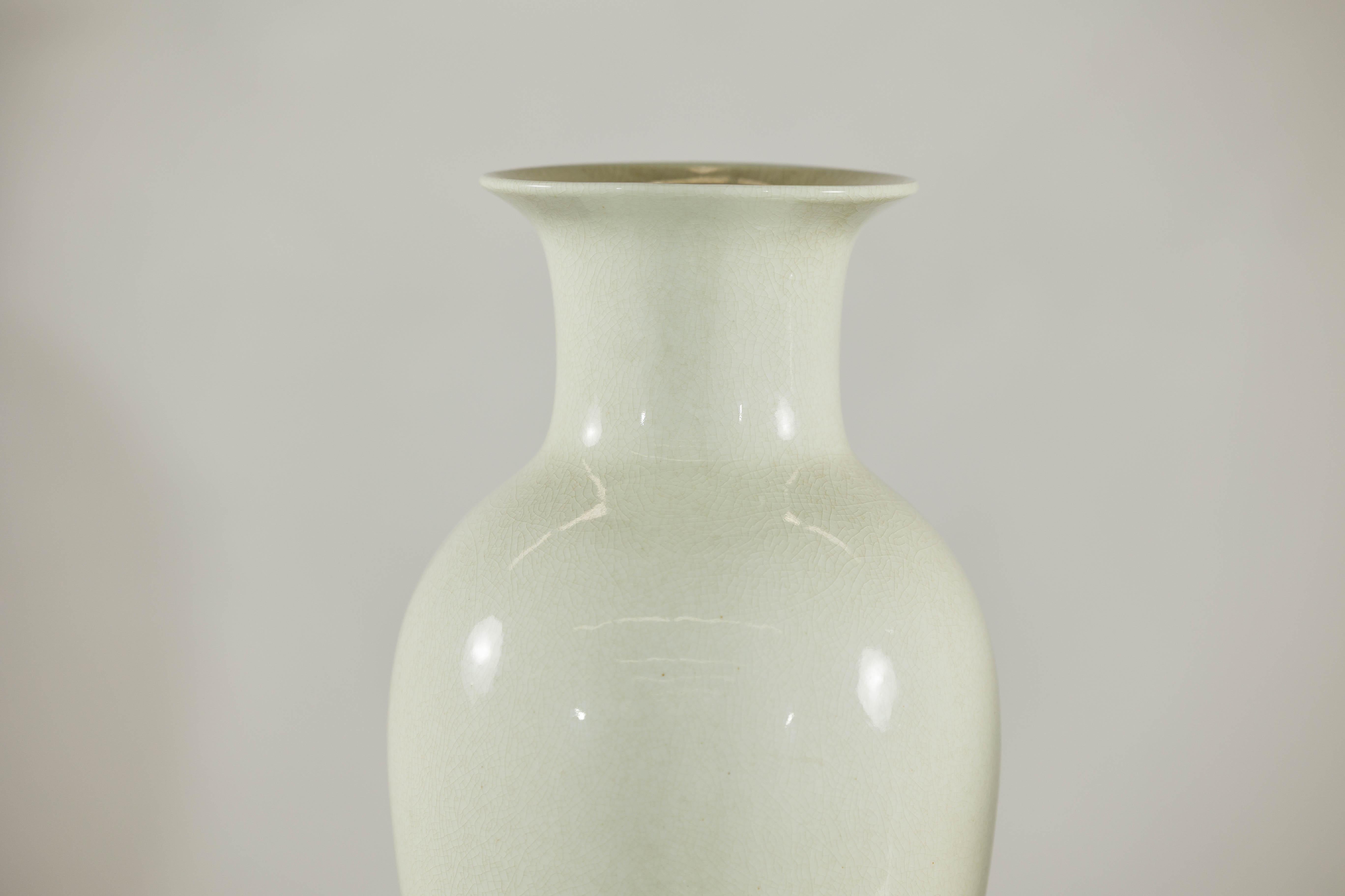 Chinese Pair of Tall Cream Crackle Glazed Vases with Subtle Flared Rims For Sale