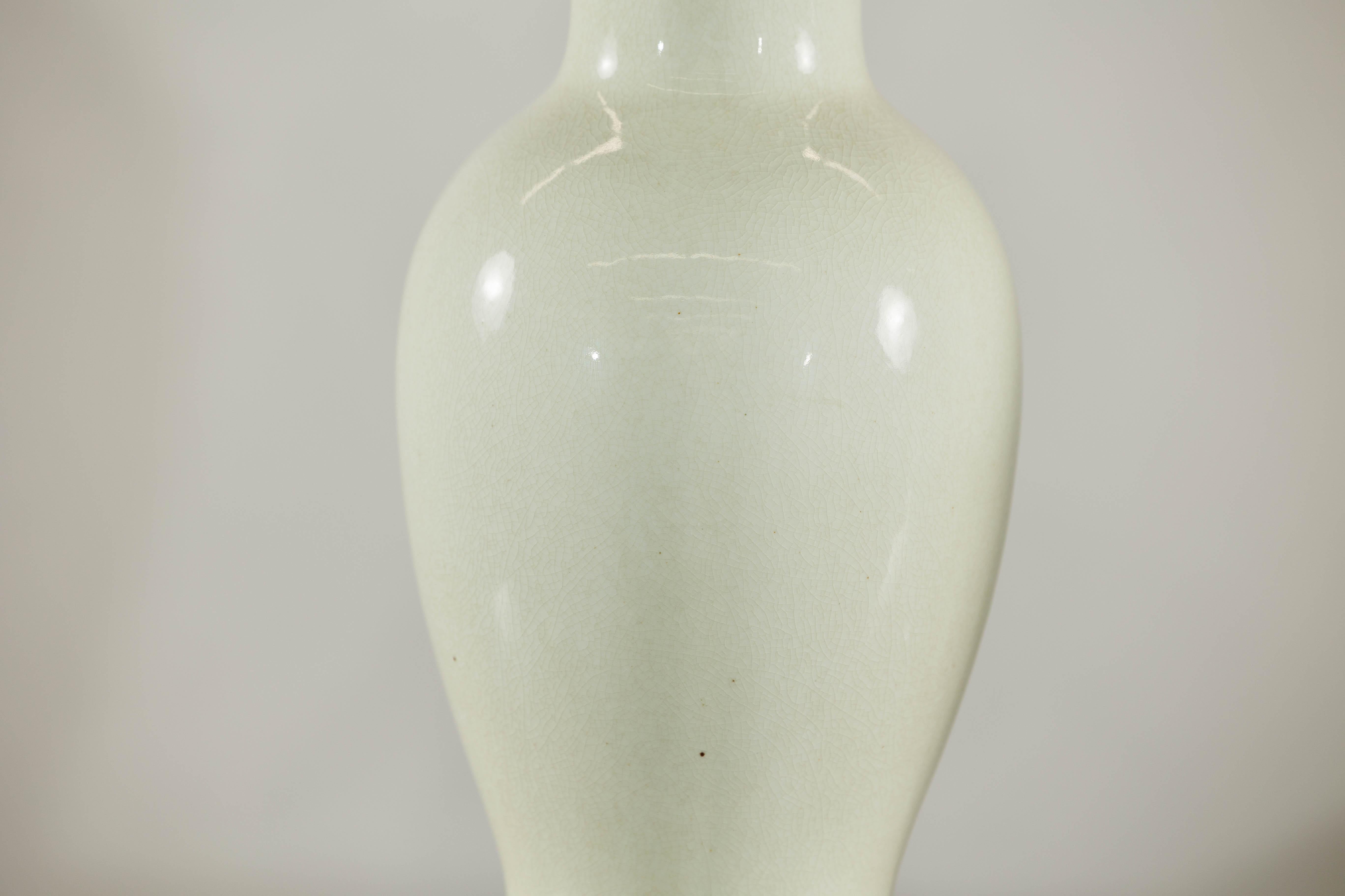 Pair of Tall Cream Crackle Glazed Vases with Subtle Flared Rims In Good Condition For Sale In Yonkers, NY