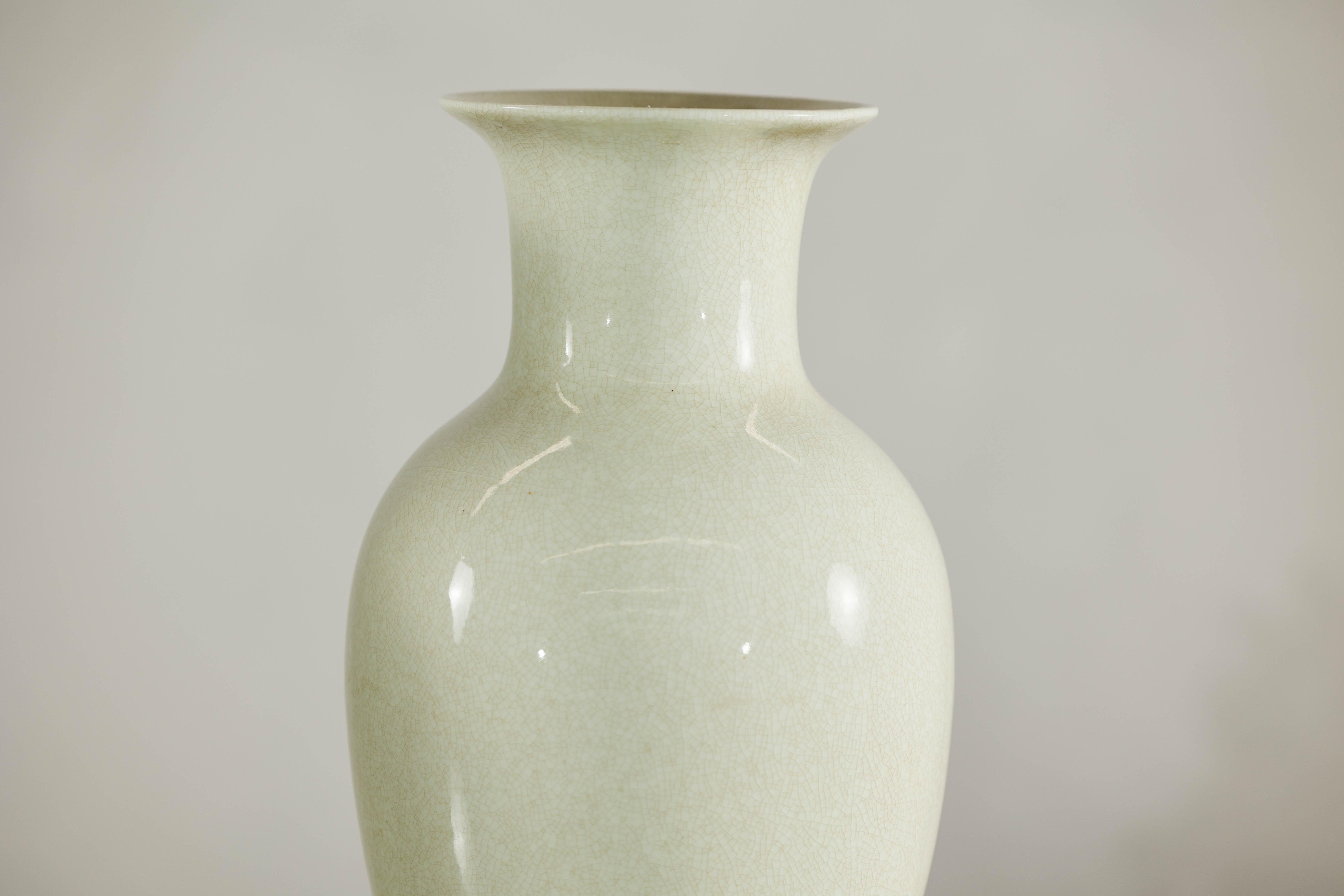 Ceramic Pair of Tall Cream Crackle Glazed Vases with Subtle Flared Rims For Sale