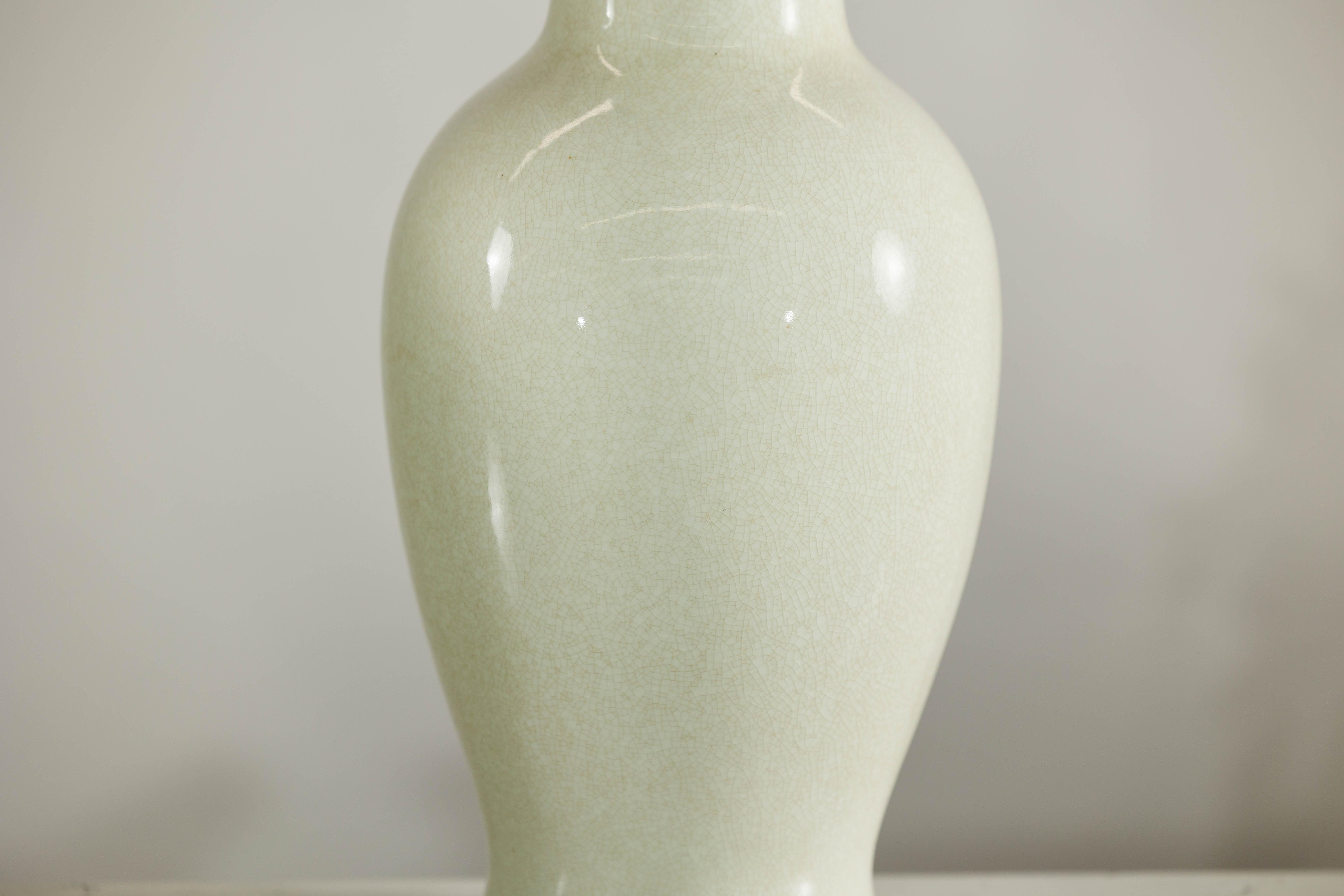 Pair of Tall Cream Crackle Glazed Vases with Subtle Flared Rims For Sale 1