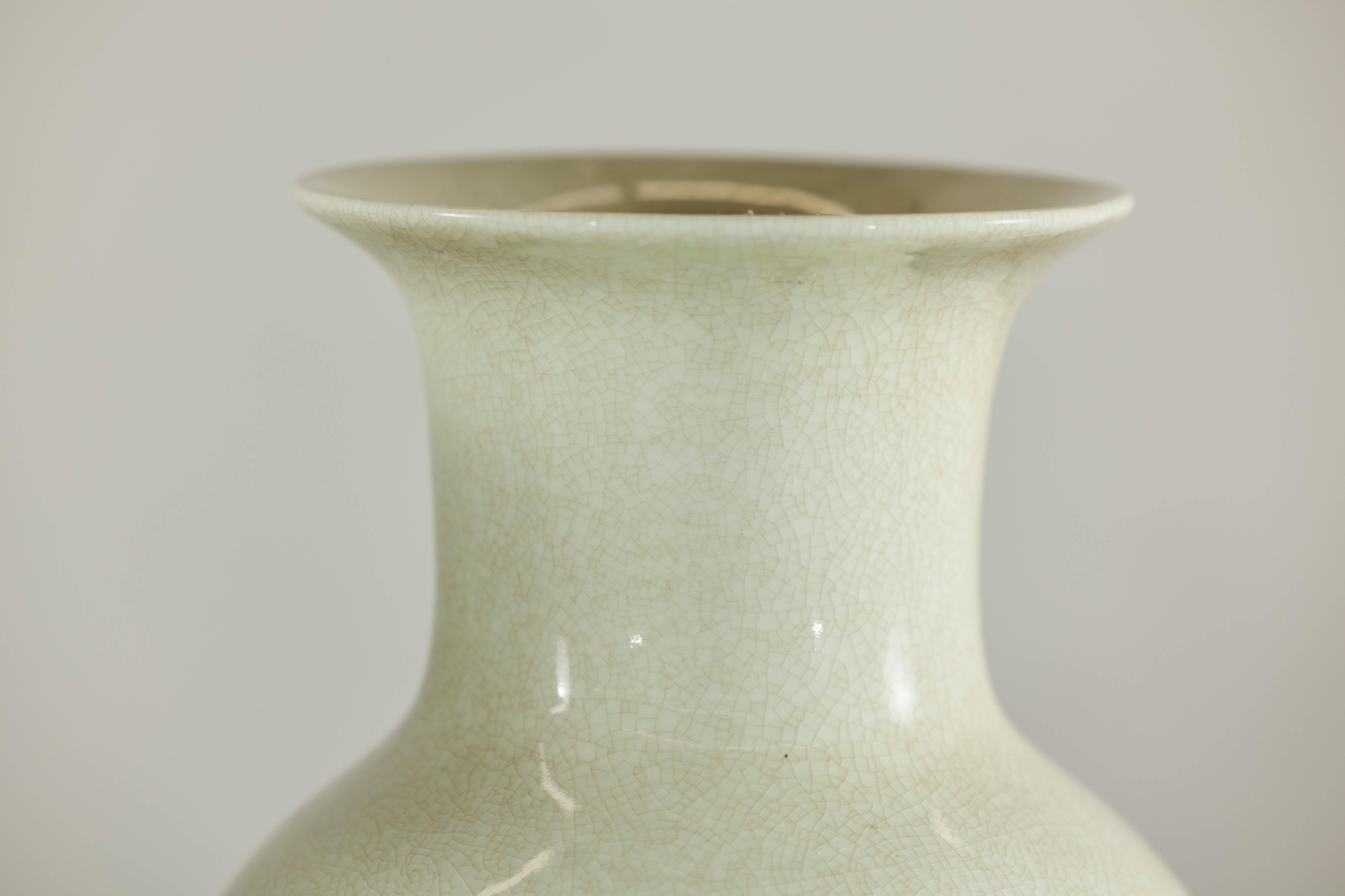 Pair of Tall Cream Crackle Glazed Vases with Subtle Flared Rims For Sale 3