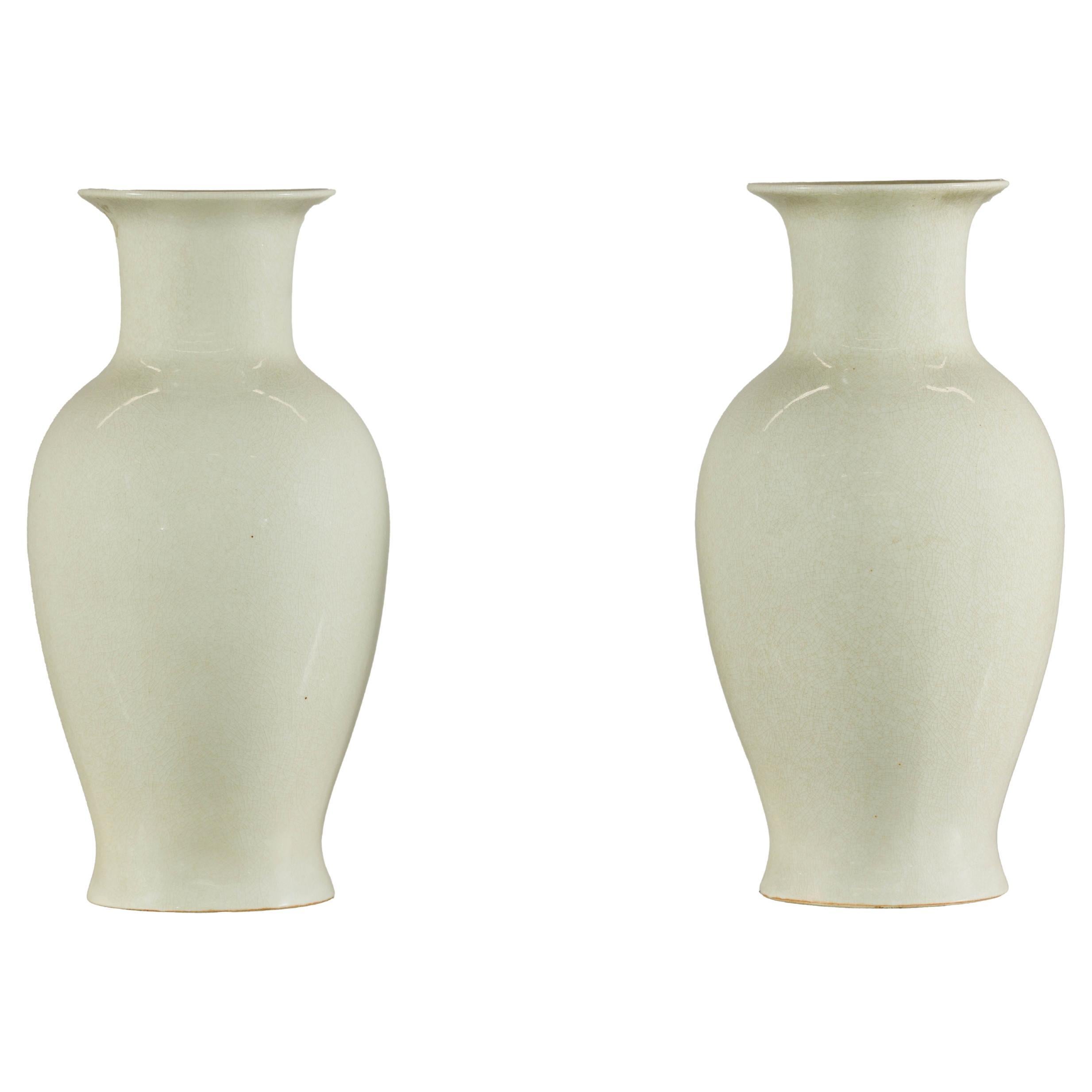 Pair of Tall Cream Crackle Glazed Vases with Subtle Flared Rims For Sale